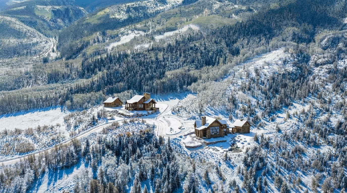This aerial shot showcases a collection of luxury cabins nestled in a snowy mountain landscape. The cabins feature log construction, with snow-covered roofs blending into the wintery setting. A winding road connects the properties, highlighting their secluded yet accessible location amidst the forested hills.