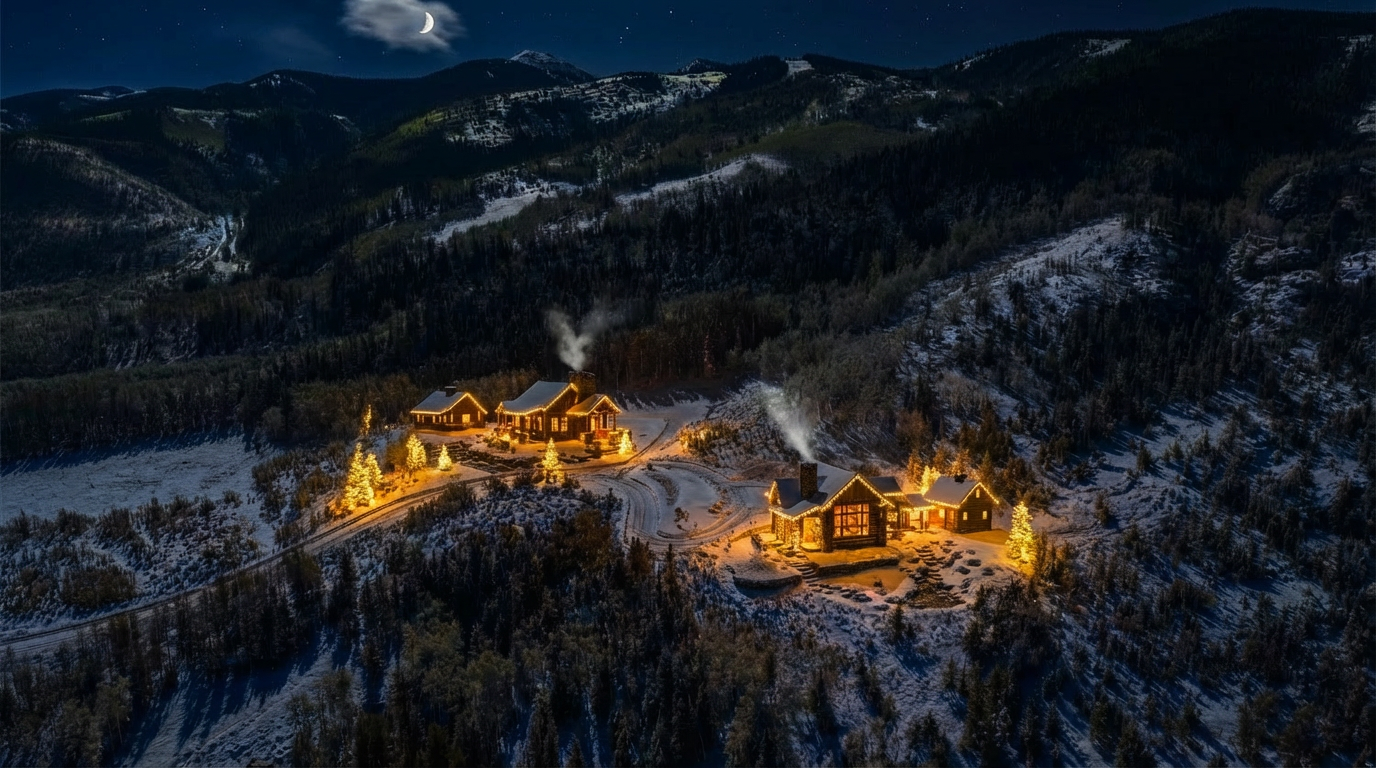 This is an aerial image of a luxurious cabin nestled in a snowy mountain landscape at night. The cabins are decorated with festive lights, creating a warm and inviting ambiance. Smoke rises from the chimneys, suggesting a cozy interior, and the moon and stars illuminate the winter wonderland, making this a desirable mountain retreat.