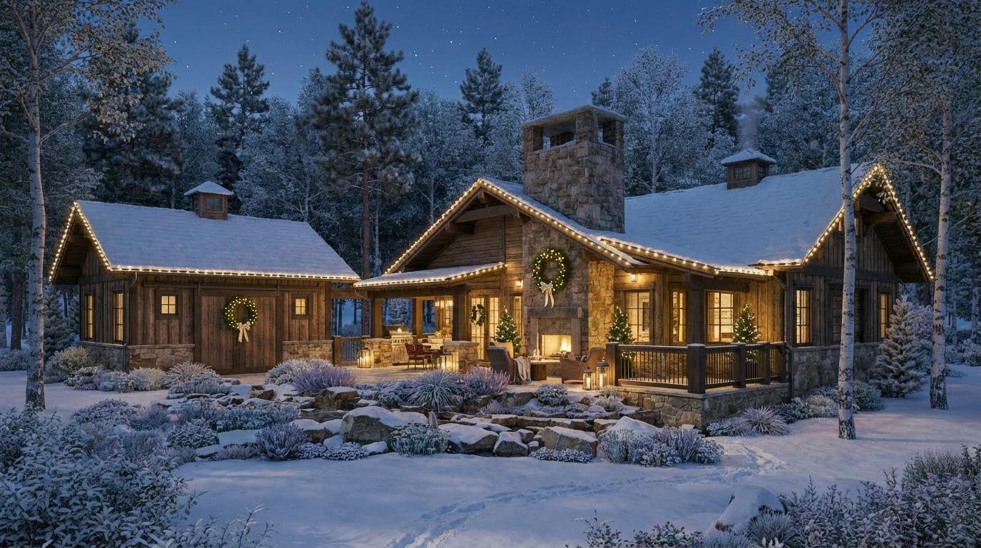 This is a beautifully staged exterior shot of a luxury cabin or house during winter. The home is decorated with Christmas lights and wreaths, creating a warm and inviting atmosphere. Snow covers the roof and surrounding landscape, enhancing the cozy, idyllic setting.
