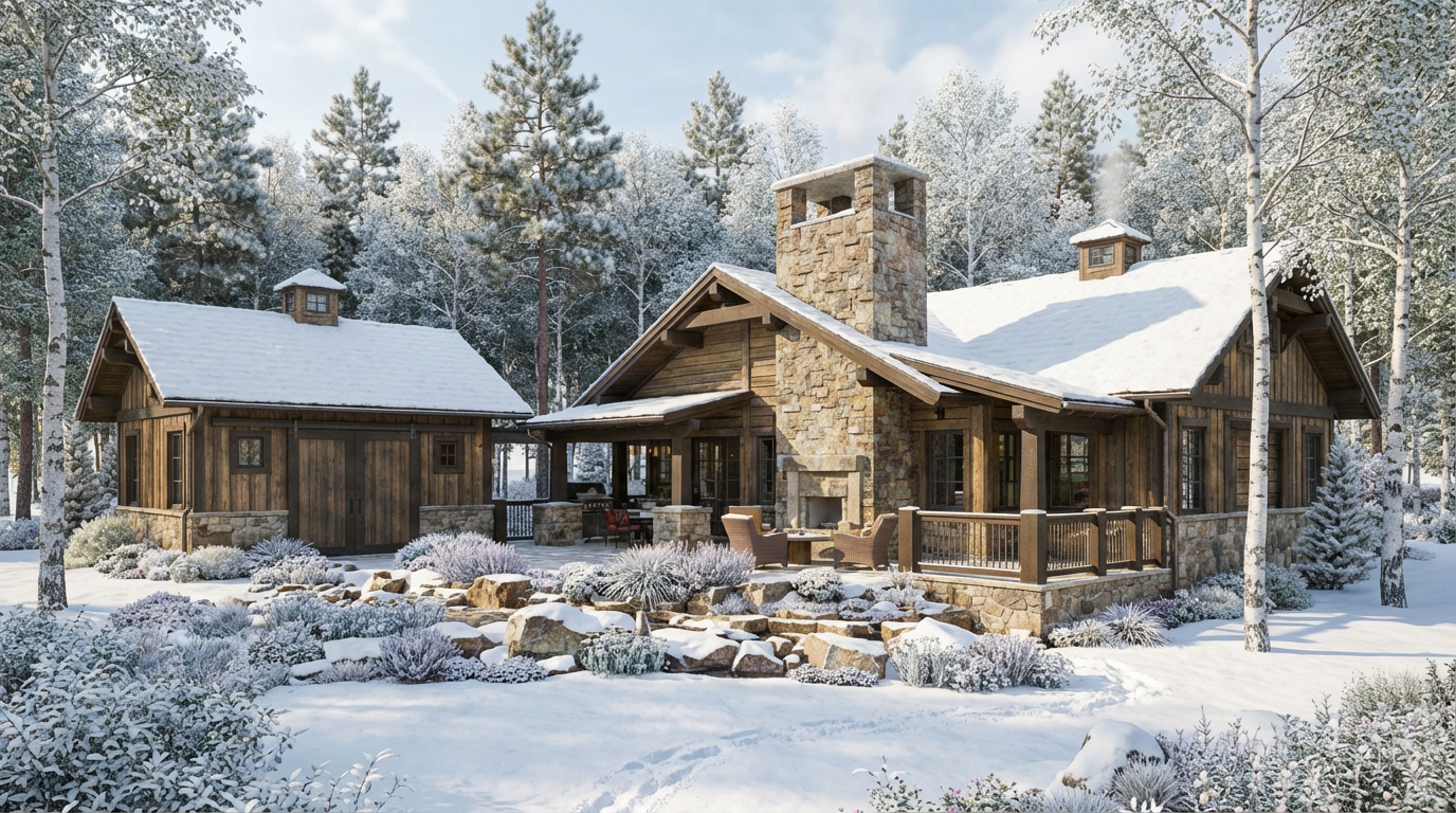 This image showcases the front exterior of a stunning, rustic home during winter. The house features a stone chimney, wooden siding, and a snow-covered roof, blending harmoniously with the surrounding snow-covered trees and landscaping. A separate guest house or garage is located to the left, enhancing the property's appeal.