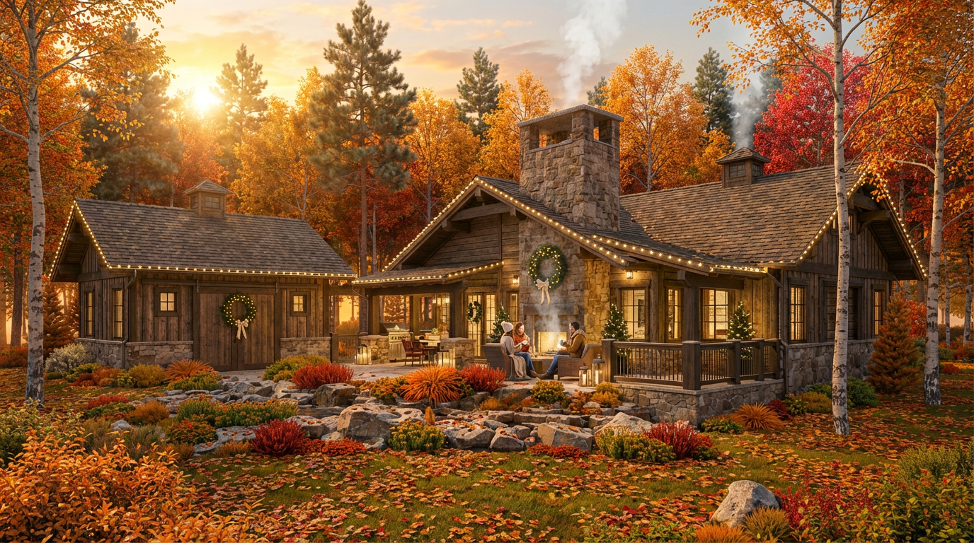 This image showcases a charming, rustic-style house in an autumn setting. The house features a stone chimney, wooden siding, and string lights that accentuate its cozy ambiance. The vibrant fall foliage surrounding the property enhances its curb appeal, creating a warm and inviting impression.