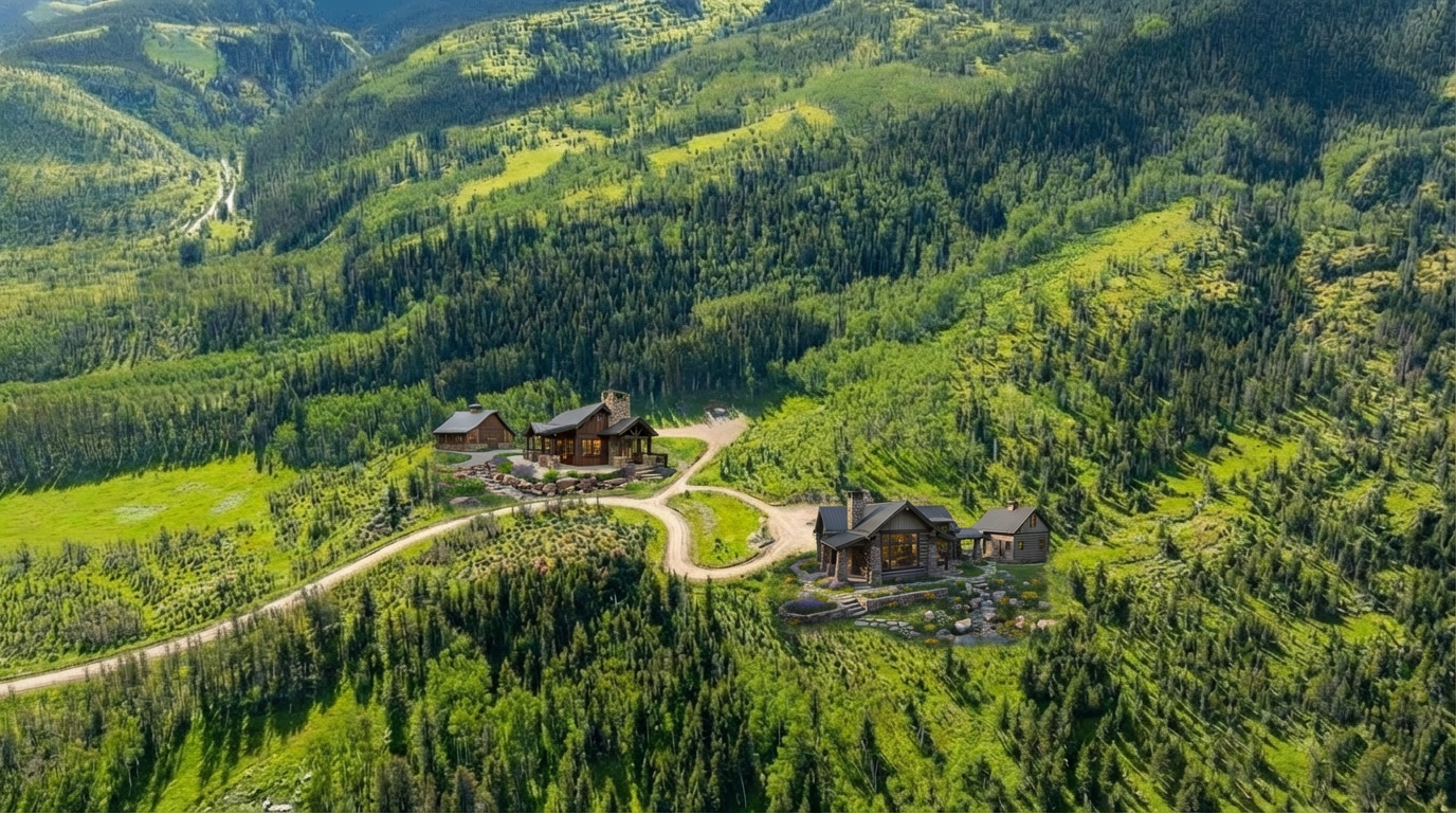 Aerial view of luxurious mountain residences nestled among lush green hills and dense forest. The architecture features a rustic yet elegant style with log and stone elements. A winding gravel road connects the homes, adding to the serene and secluded atmosphere of the property.