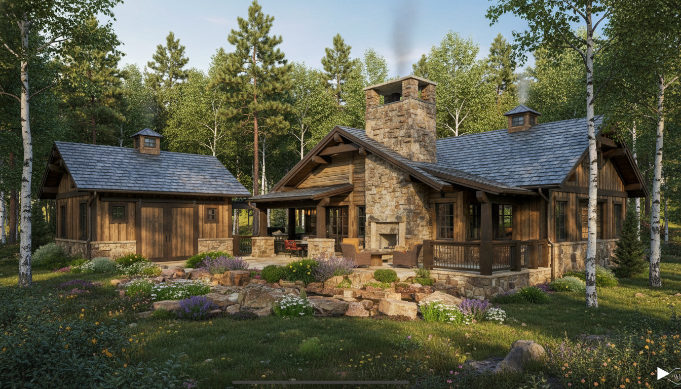 This is the front view of a mountain style house with a stone chimney and wood siding. The landscaping features native plants and rock outcroppings. A matching detached garage or outbuilding is located to the left of the main house for extra storage space.
