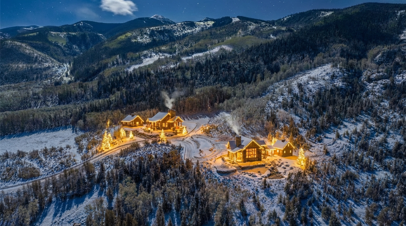 This aerial view captures a stunning property nestled in a snow-covered mountain landscape. Several log cabins are illuminated with warm lighting, creating a cozy and inviting atmosphere. Christmas trees decorated with lights enhance the charm of this winter retreat.