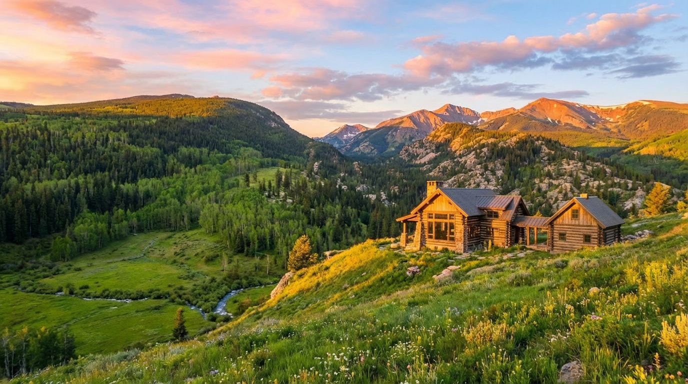 This image showcases a beautiful log cabin nestled on a grassy hillside, surrounded by a lush forest and scenic mountain views. The cabin features classic architectural details, and its setting offers privacy and tranquility. The landscape elements like the wildflowers and river running close by add to the scenic allure, highlighting the property's natural beauty and ideal location.
