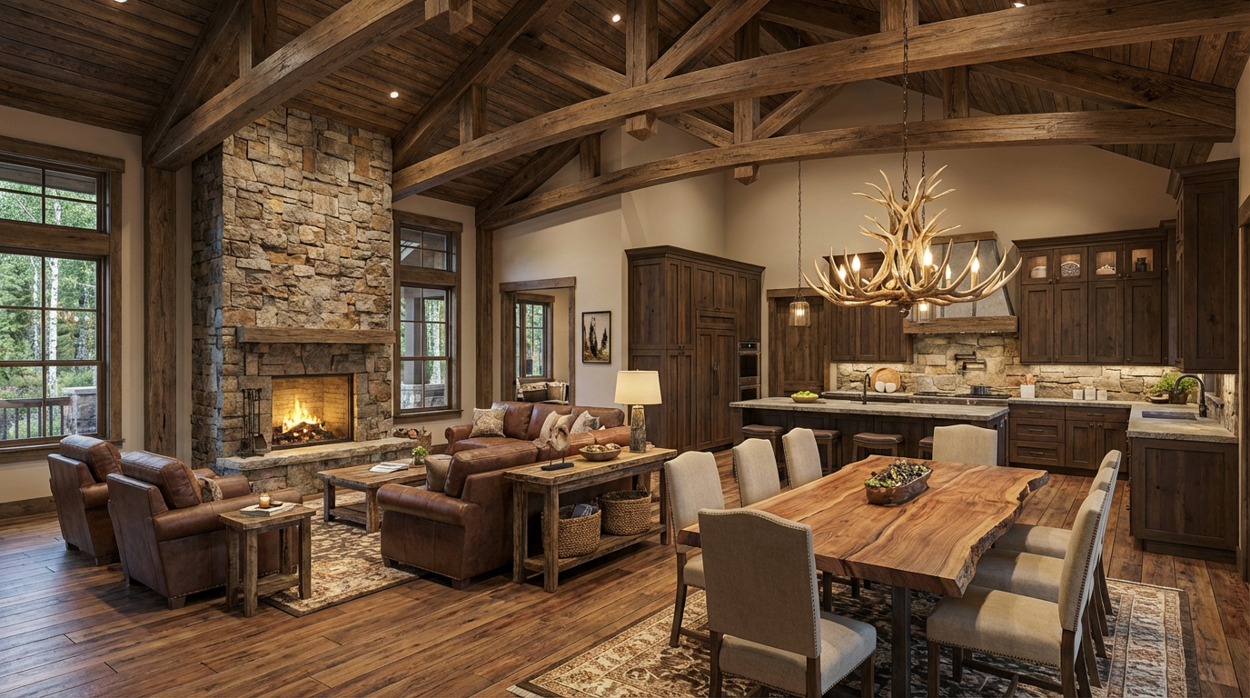 This inviting living room features exposed wooden beams, a stone fireplace, and warm hardwood flooring. A comfortable leather sectional and armchairs are arranged around a coffee table, creating a cozy and rustic atmosphere. The space seamlessly transitions into the dining and kitchen areas, ideal for entertaining.