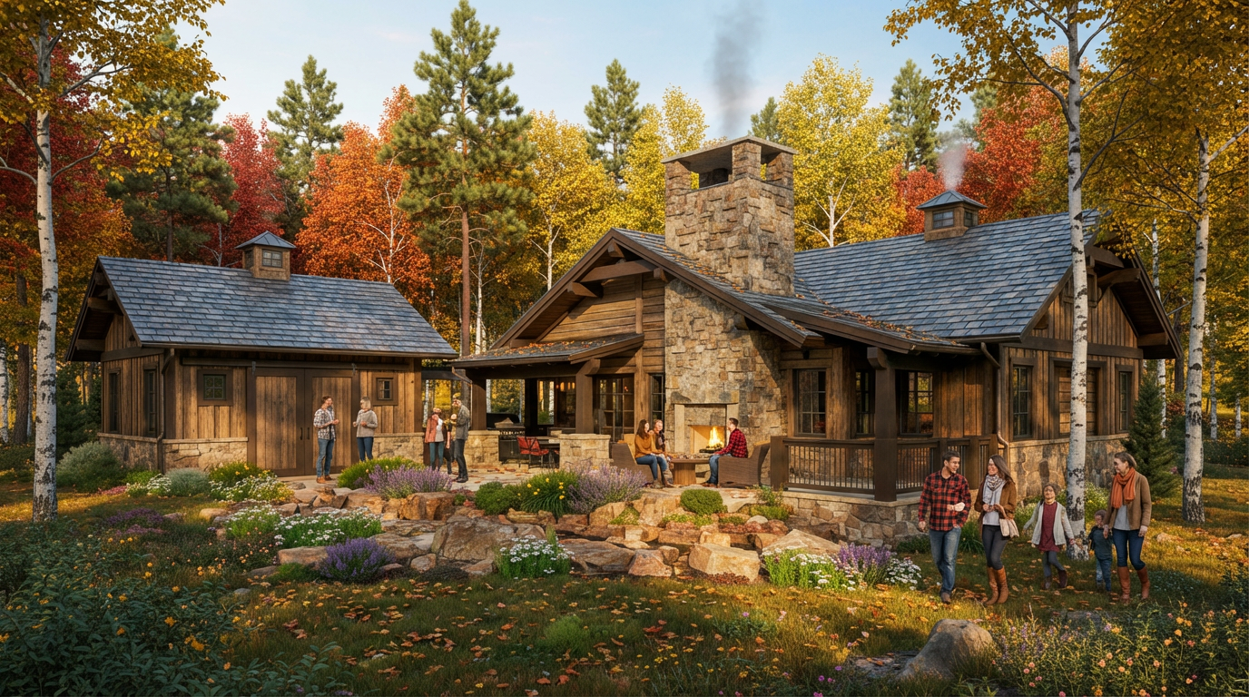 This is a scenic front view of a rustic cabin-style home nestled among colorful autumn foliage. The stone chimney and wood siding evoke a cozy, natural aesthetic. A well-maintained front yard with stone landscaping adds to the property's charm and curb appeal.