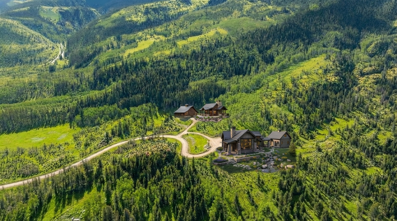 This aerial view showcases a luxury property nestled in a lush, green mountainous landscape. The property includes several log cabin style homes, connected by winding gravel driveways, enhancing the secluded and private feel. The overall impression is one of rustic elegance and natural beauty, perfect for a high-end real estate listing.