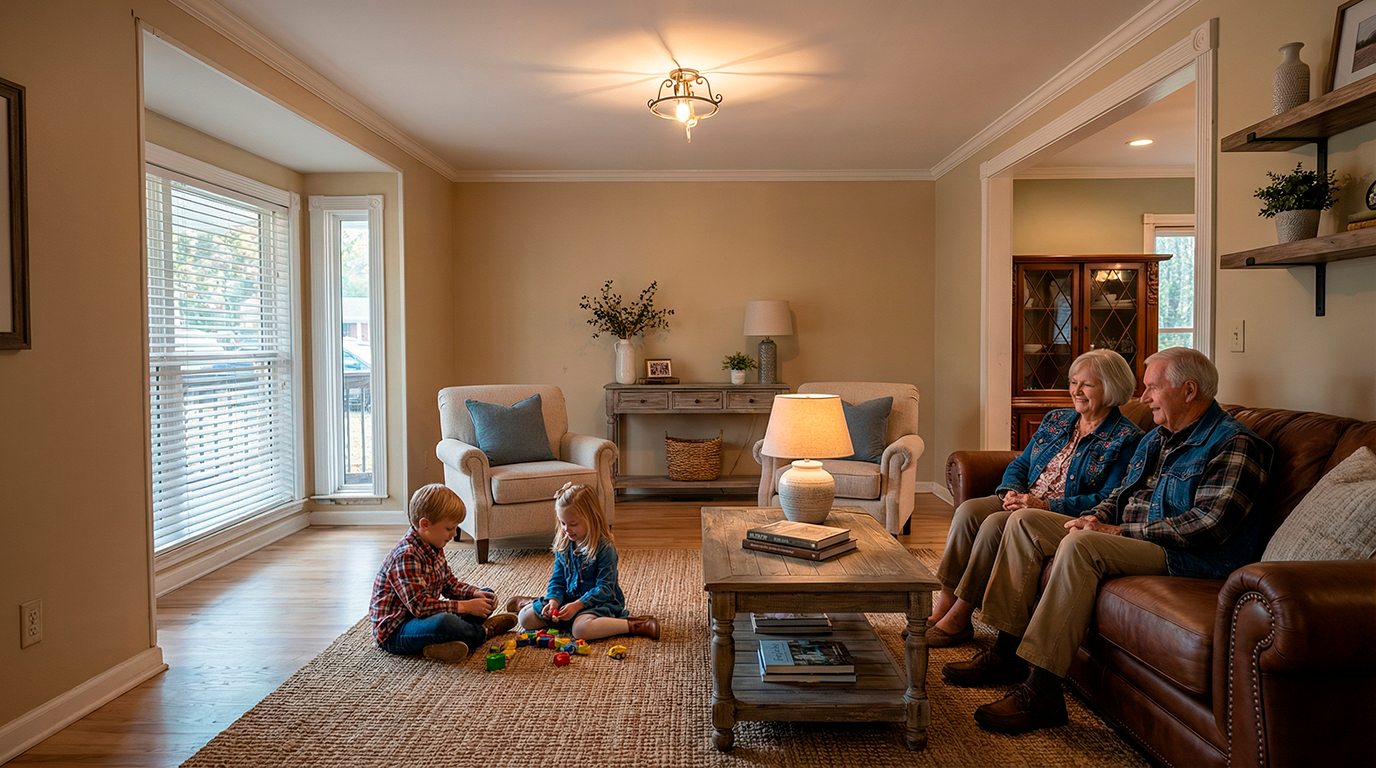 This is a warm and inviting living room scene. An older couple sits on a leather sofa, while two young children play with toys on a patterned rug. The room is well-lit and comfortably furnished with neutral-toned armchairs, a wooden coffee table, and decorative accents. The space benefits from natural light streaming through a large bay window.