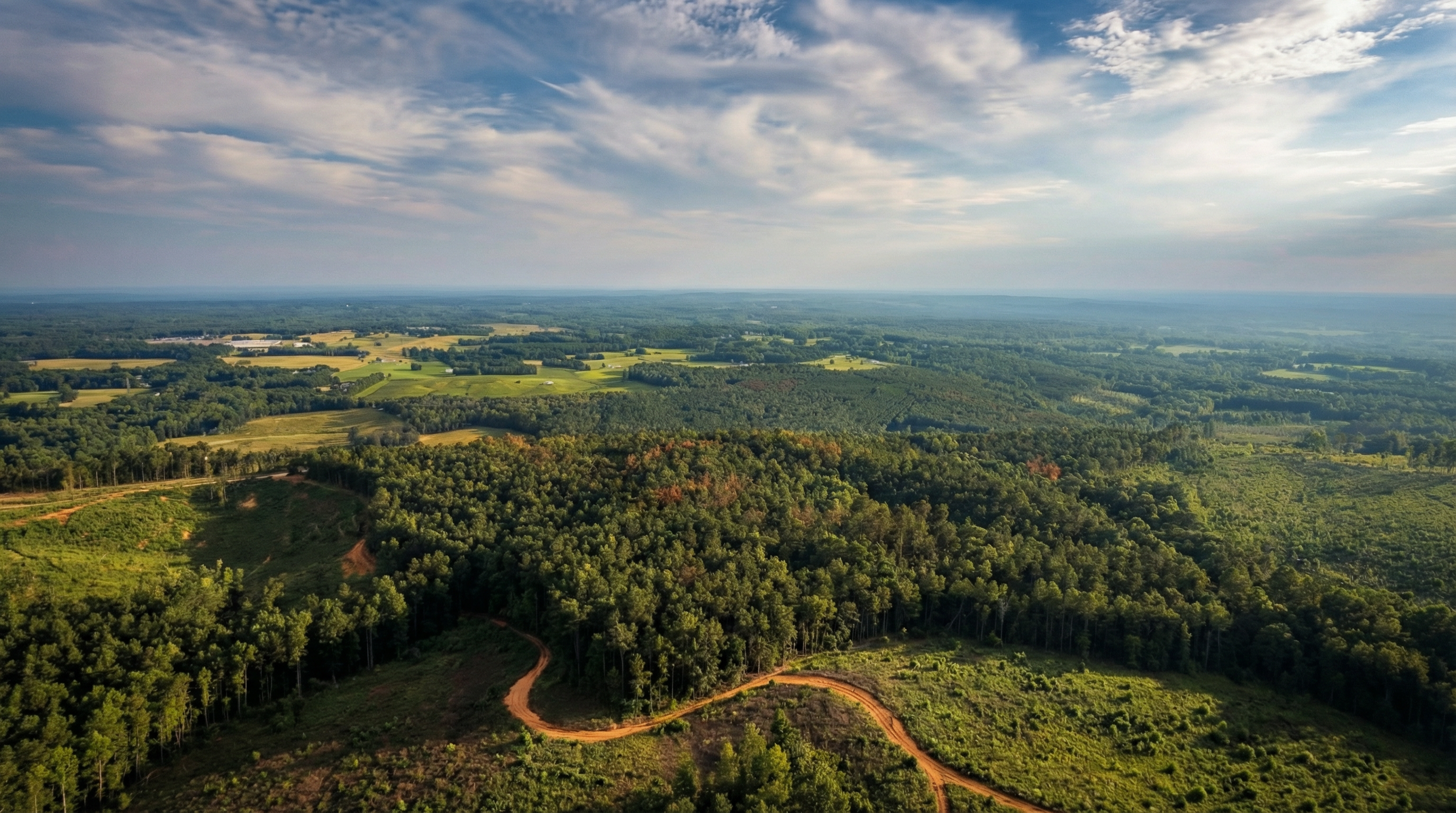 This aerial view showcases a large expanse of wooded land with a winding reddish-brown dirt road cutting through the trees. The lush greenery indicates a mature forest, while patches of recently cleared land suggest possible development potential. The distant fields and scattered buildings hint at a rural or semi-rural setting, ideal for buyers seeking privacy and nature.