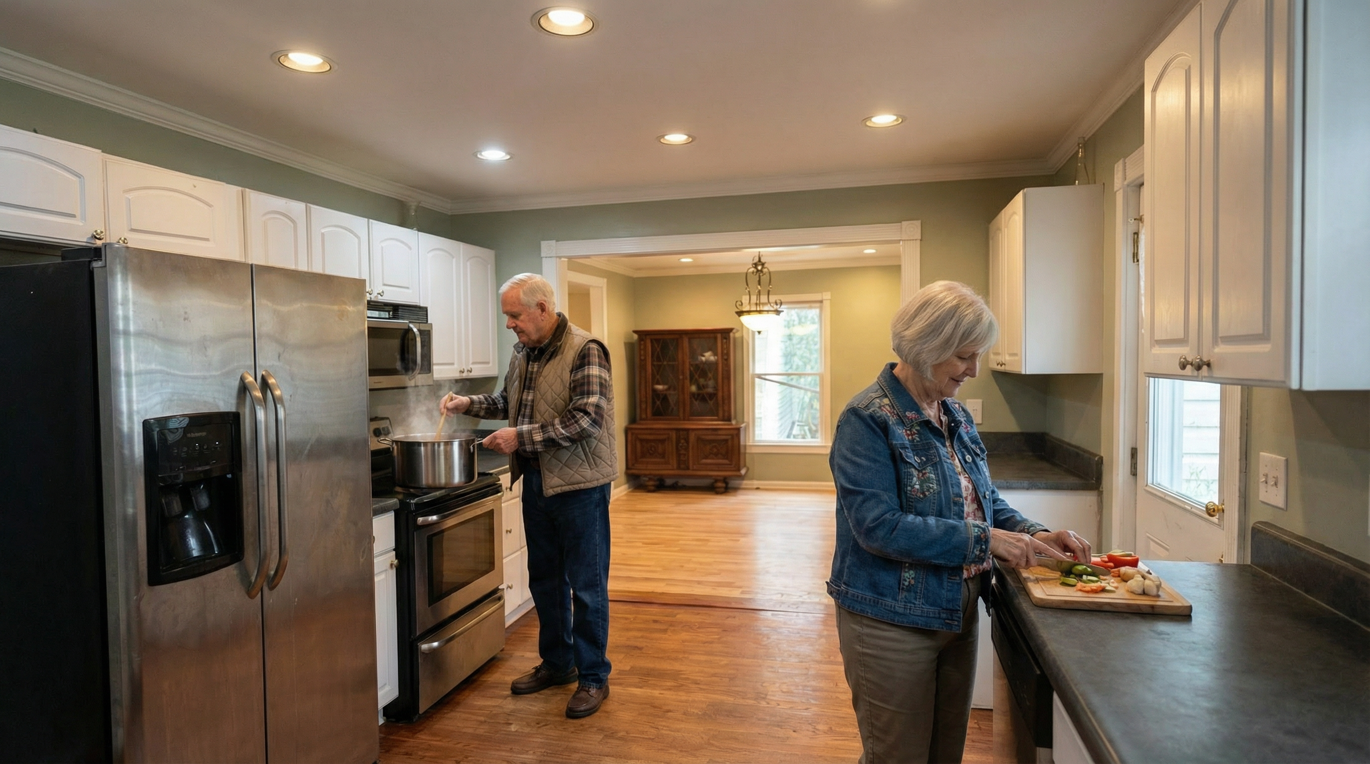 This is an inviting kitchen featuring white cabinetry and a natural wood floor. Stainless steel appliances, including a large refrigerator and stove, are present. Two individuals are in the kitchen, one cooking on the stove and the other preparing vegetables on the countertop.