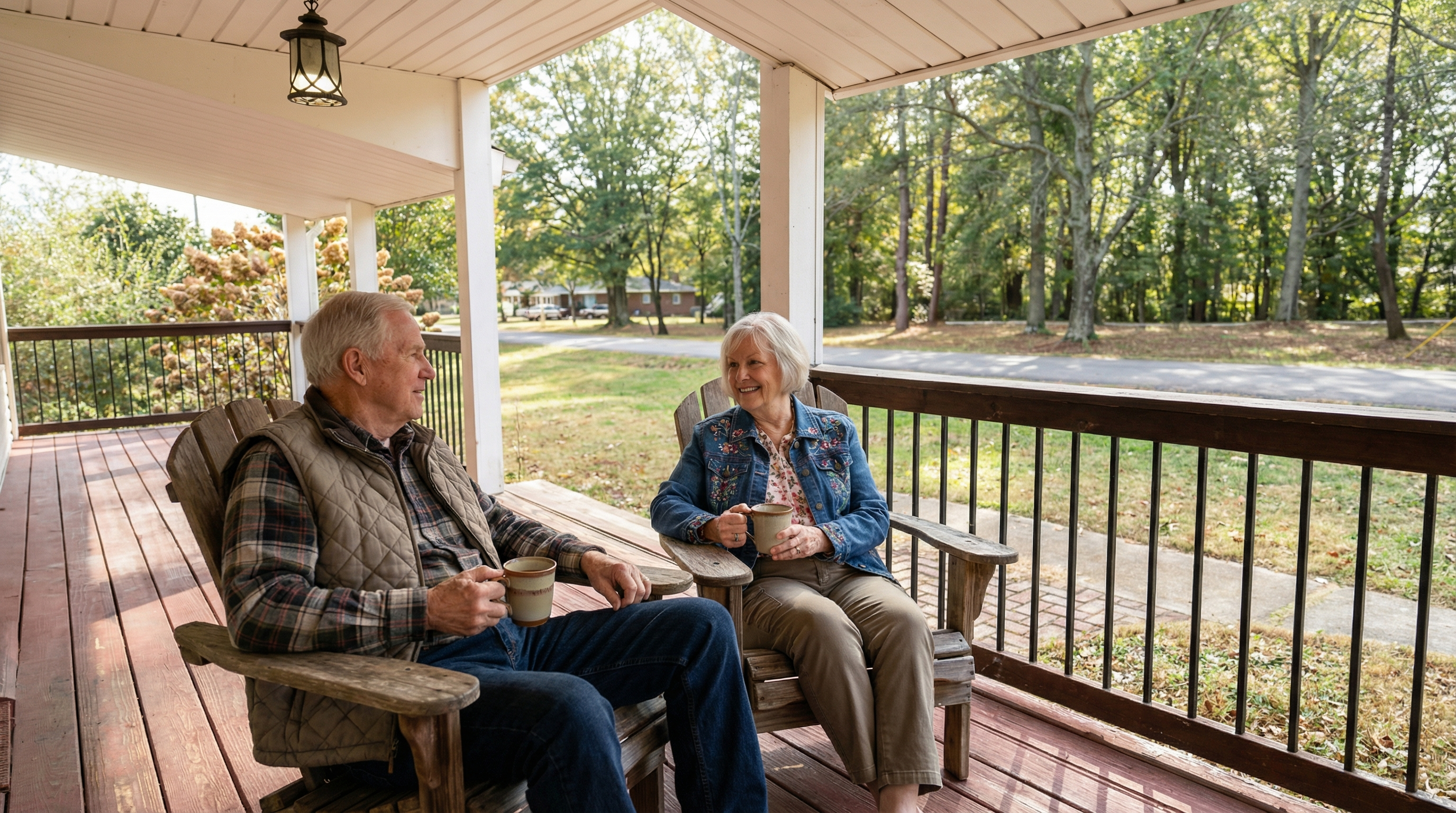 The image shows an older couple relaxing on a covered front porch. They are seated in wooden chairs, each holding a mug, suggesting a relaxed, inviting atmosphere. The porch features wooden flooring and railings, offering a cozy outdoor living space.