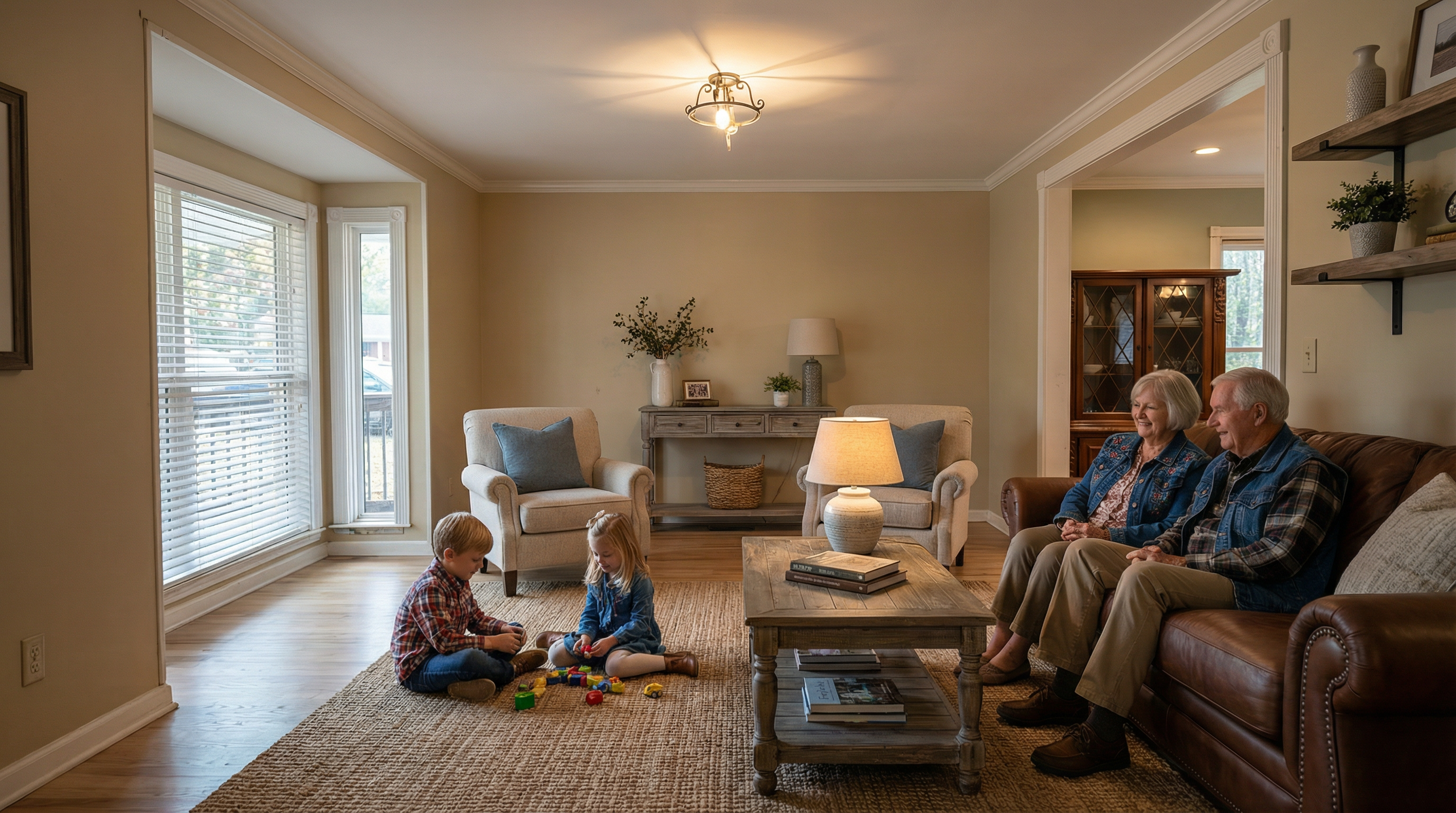 A warm and inviting living room featuring a leather sofa, two armchairs, and a wooden coffee table. Natural light streams in through a large bay window. The room is decorated in neutral tones with pops of color from the toys and decorative items, creating a comfortable and family-friendly atmosphere.
