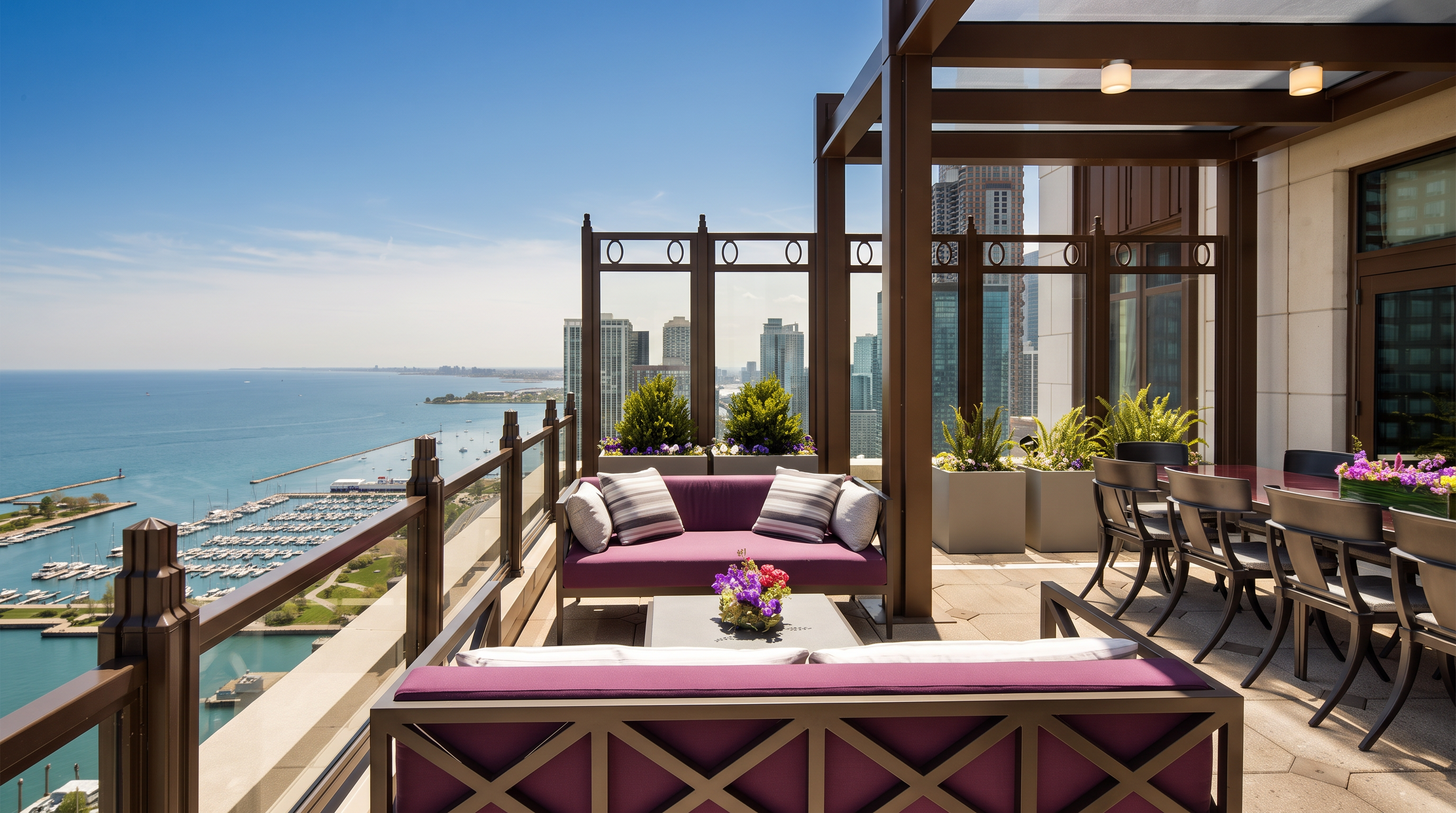 This luxurious high-rise balcony offers panoramic views of the waterfront and city skyline, featuring a sophisticated outdoor living and dining area. The space is furnished with plush purple sofas and modern dining seating under a stylish pergola structure, creating an ideal setting for upscale entertaining. The combination of manicured planters, elegant architectural accents, and the stunning harbor vista provides a premium urban lifestyle experience.