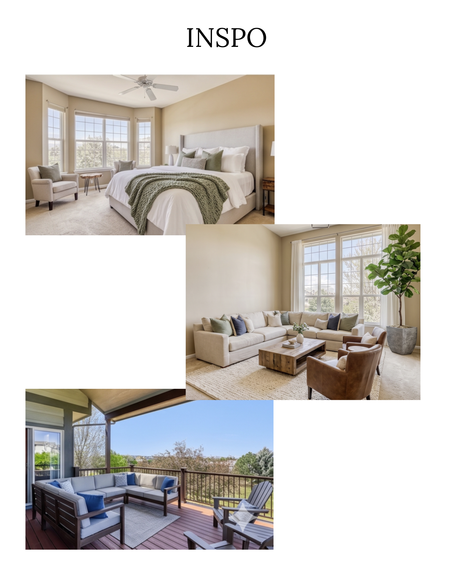 This collage showcases three distinct interior and exterior spaces, highlighting a cozy primary bedroom with a sage green accent, a warmly lit living room featuring a sectional sofa and leather armchairs, and a spacious wooden deck with comfortable outdoor seating. These rooms collectively define a cohesive, neutral, and inviting aesthetic suitable for modern family living. The spaces are well-staged and emphasize comfortable, functional design with natural lighting.