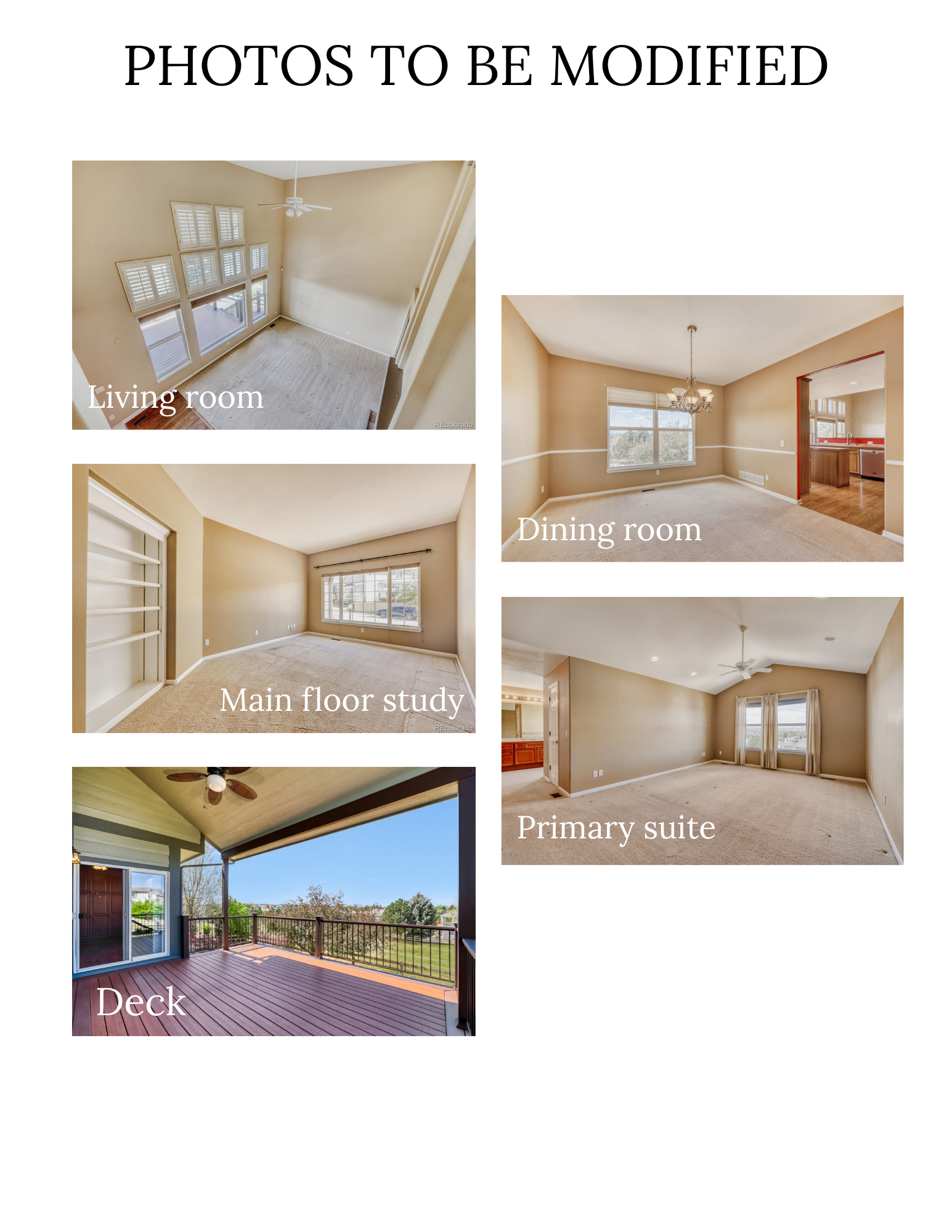 This image is a collage containing five distinct interior and exterior architectural photographs from a residential real estate property. It features a living room, dining room, main floor study, primary suite, and a backyard deck, all labeled for reference. The collective set provides a comprehensive overview of the home's layout, neutral color palette, and general living spaces.