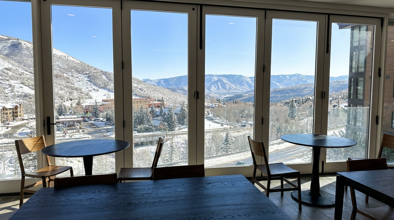 This interior shot showcases a dining space with a stunning view of snow-covered mountains through large, multi-pane windows. The room is furnished with dark wood tables and chairs, creating a modern yet warm ambiance. The expansive windows provide ample natural light, enhancing the scenic backdrop and making it a focal point of the dining area.