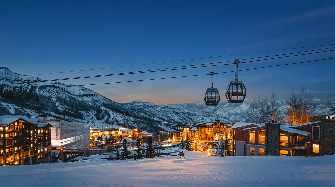 This image showcases an aerial view of a ski resort town at dusk, likely taken during winter. The architecture is alpine style, featuring multiple homes and condos illuminated with warm indoor lighting. A ski lift is visible between the buildings, adding to the resort aesthetic, with snow-covered mountains in the background.