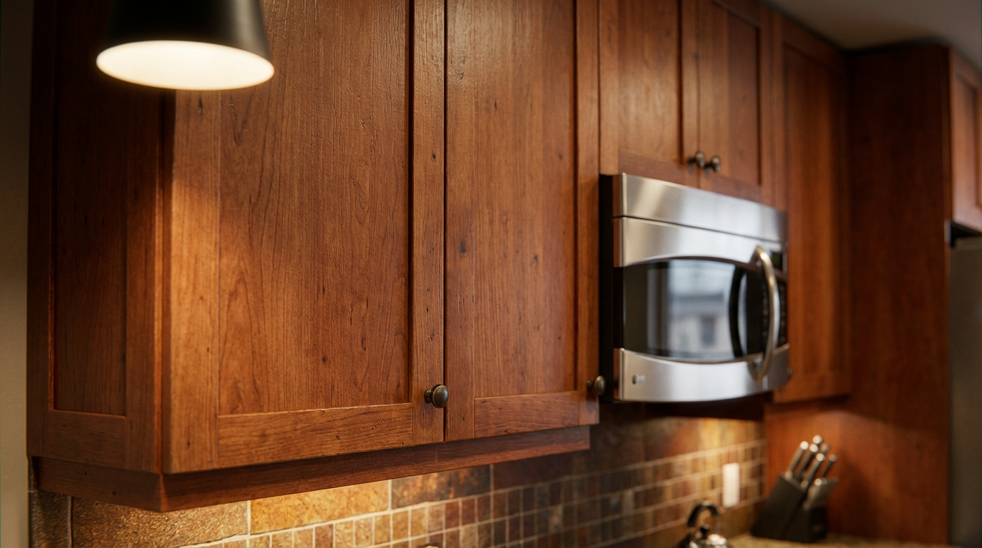 This image showcases a detailed view of a kitchen featuring wooden cabinets and a stainless steel microwave. The cabinets have a warm, rich tone and are complemented by the tiled backsplash beneath. A modern light fixture brightens the scene, highlighting the texture and design of the cabinetry.
