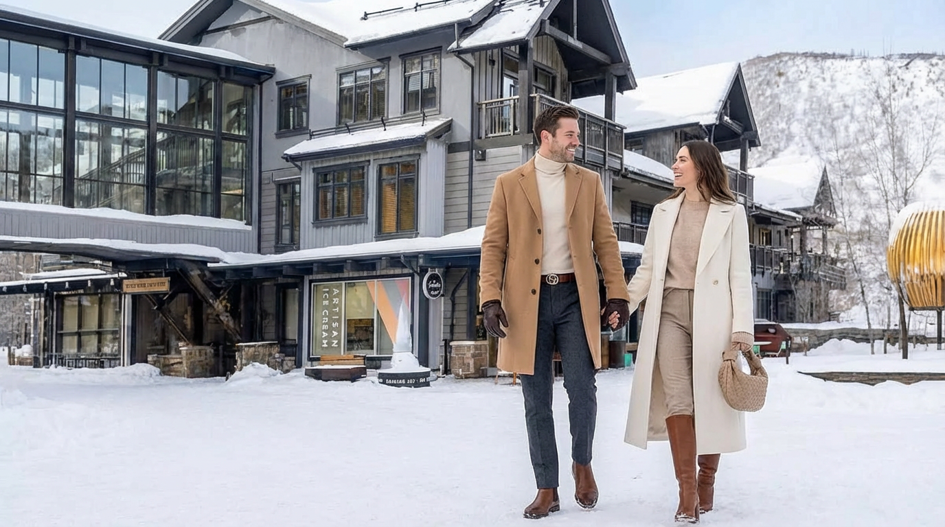 A picturesque winter scene showcasing the front of a luxurious building with architectural details. A stylish couple strolls in the snow-covered foreground, adding a touch of elegance and life to the view, suggesting a vibrant community. The overall impression is upscale and inviting, perfect for a real estate listing highlighting luxury and location.