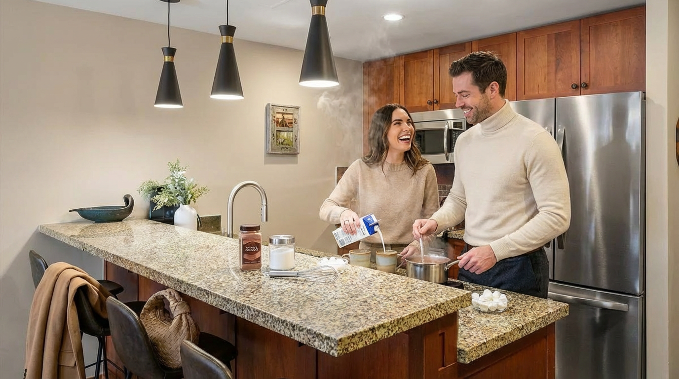 This is a cozy kitchen featuring wood cabinetry and granite countertops. A couple is seen preparing a warm beverage, creating a welcoming atmosphere. Pendant lighting and stainless steel appliances modernize the space, making it an inviting area for cooking and socializing.