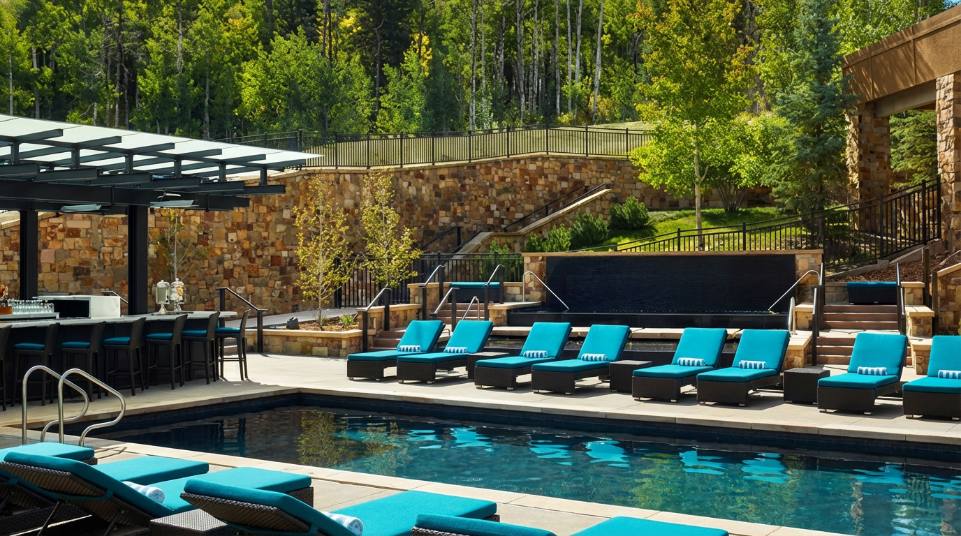 The image showcases a luxurious outdoor pool area, complete with a bar, lounge chairs, and a waterfall feature. The pool is surrounded by well-maintained landscaping and stone architecture, creating a serene and upscale environment. The turquoise cushions on the dark lounge chairs add a pop of color and invite relaxation.
