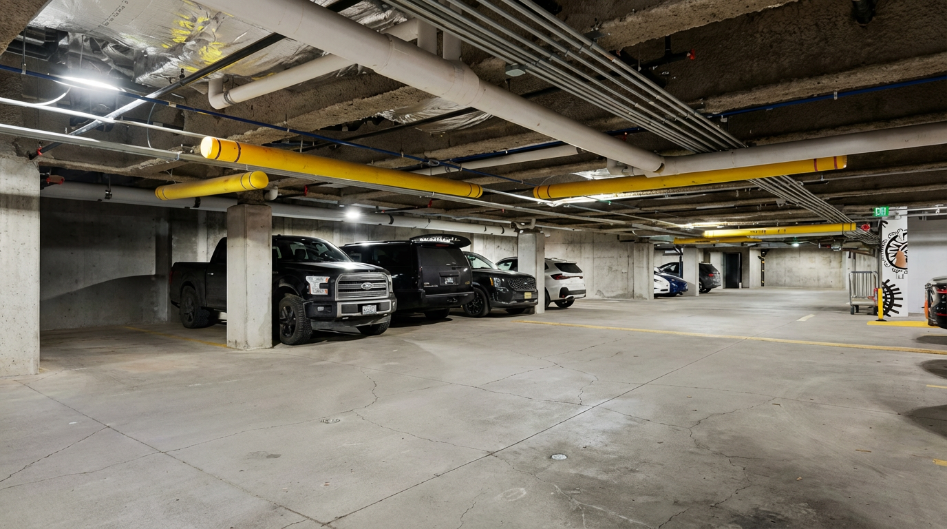 The image shows an indoor parking garage with yellow pipes running overhead. Several cars are parked in the garage. The garage has a concrete floor and ceiling with overhead lighting.