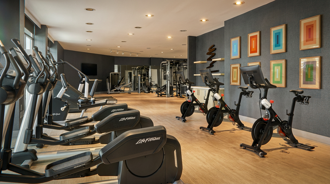 This is a well-equipped home gym featuring multiple elliptical machines and stationary bikes. Artwork adorns the walls, adding a touch of sophistication to the exercise space. The room has a clean, modern aesthetic with light wood flooring and gray walls.