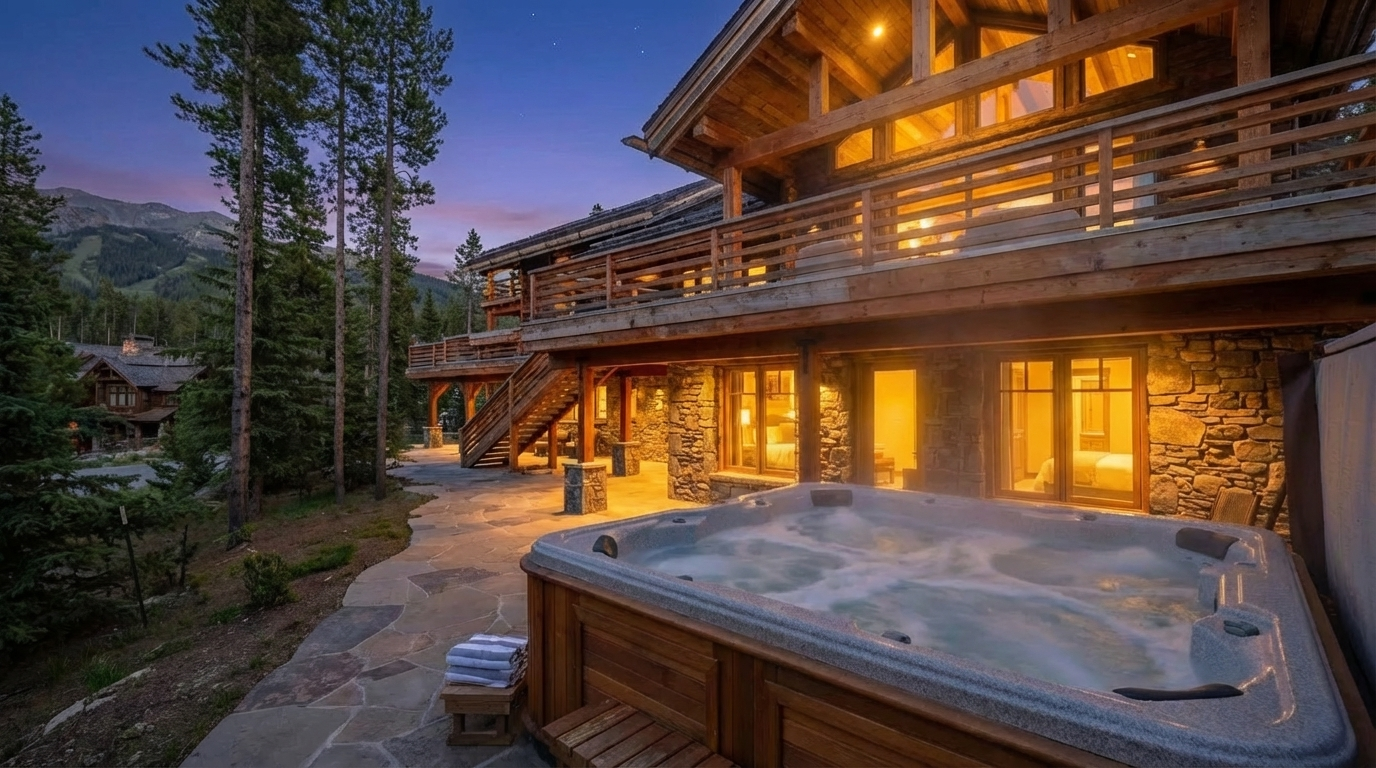 This exterior shot features a multi-level patio and deck area attached to a large timber frame house. A bubbling hot tub is centrally located on the lower patio Constructed of stone with wood accents, the home has multiple windows and balconies. A set of stairs leads from the upper deck to the lower level, situated on a stone walkway among pine trees.