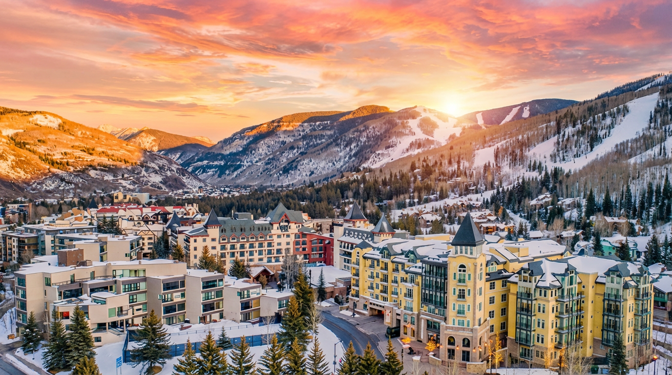 This aerial view showcases a stunning mountain resort town during a vibrant sunset. The buildings feature a mix of architectural styles, from modern to traditional, nestled among evergreen trees. The image highlights the resort's proximity to ski slopes and the surrounding natural beauty, creating a picturesque and desirable real estate location.