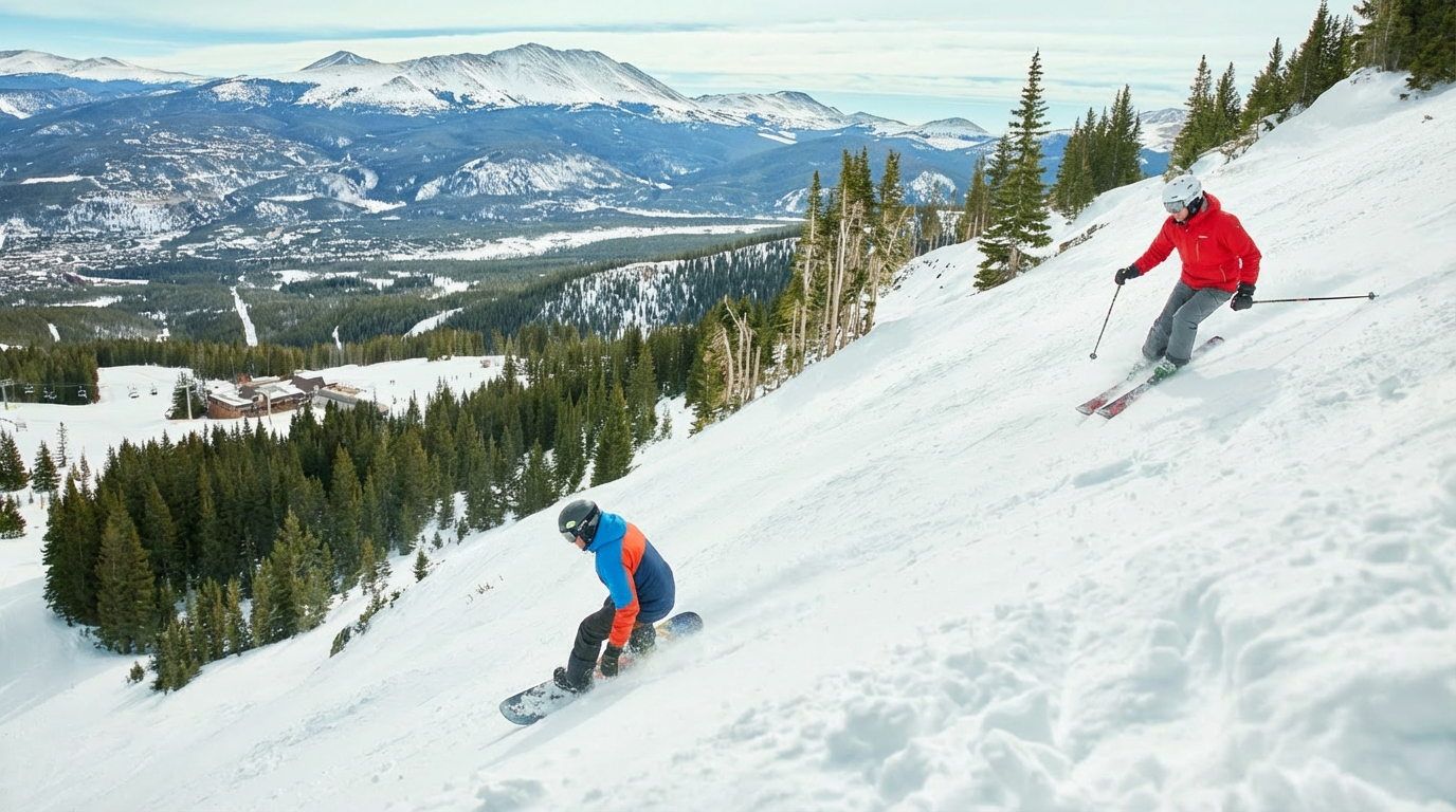 This image captures a scenic ski resort with individuals enjoying winter sports. A skier and a snowboarder are navigating down a pristine, snow-covered slope, with a backdrop of evergreen trees and distant, snow-capped mountains. It evokes a sense of leisure and recreation, showcasing the appeal of the location for outdoor enthusiasts.