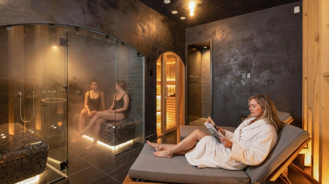 This is a view inside a spa, featuring a steam room visible through a glass enclosure with two women sitting inside. A woman in a white bathrobe is relaxing on a lounge chair reading a magazine. The ambiance is created with dark, textured walls and warm lighting, giving a luxurious and relaxing impression.