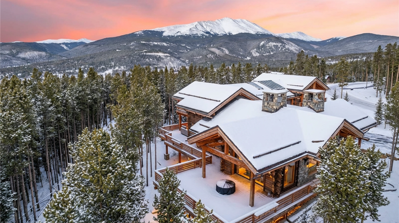 This aerial shot showcases a luxurious mountain home blanketed in snow with a backdrop of majestic mountains. The log and stone construction adds a rustic charm, while the extensive deck provides ample outdoor living space. The home is nestled among evergreen trees, creating a sense of privacy and seclusion.