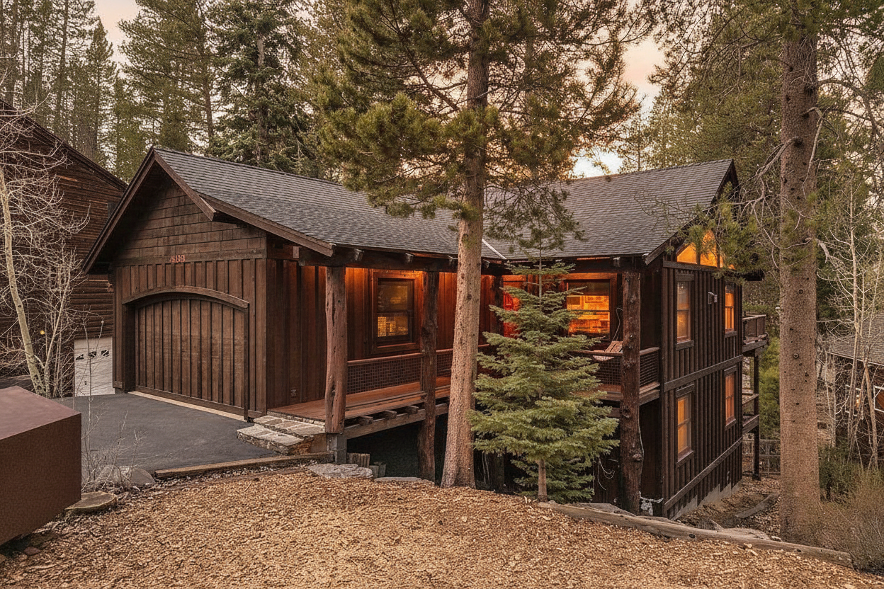 This is a charming front view of a multi-story rustic house, likely a mountain home. The exterior features dark wood siding, a grey roof and a garage on the left with a unique door. Wooden posts support a covered porch, and the landscape is filled with mature trees, creating a sense of privacy and seclusion.