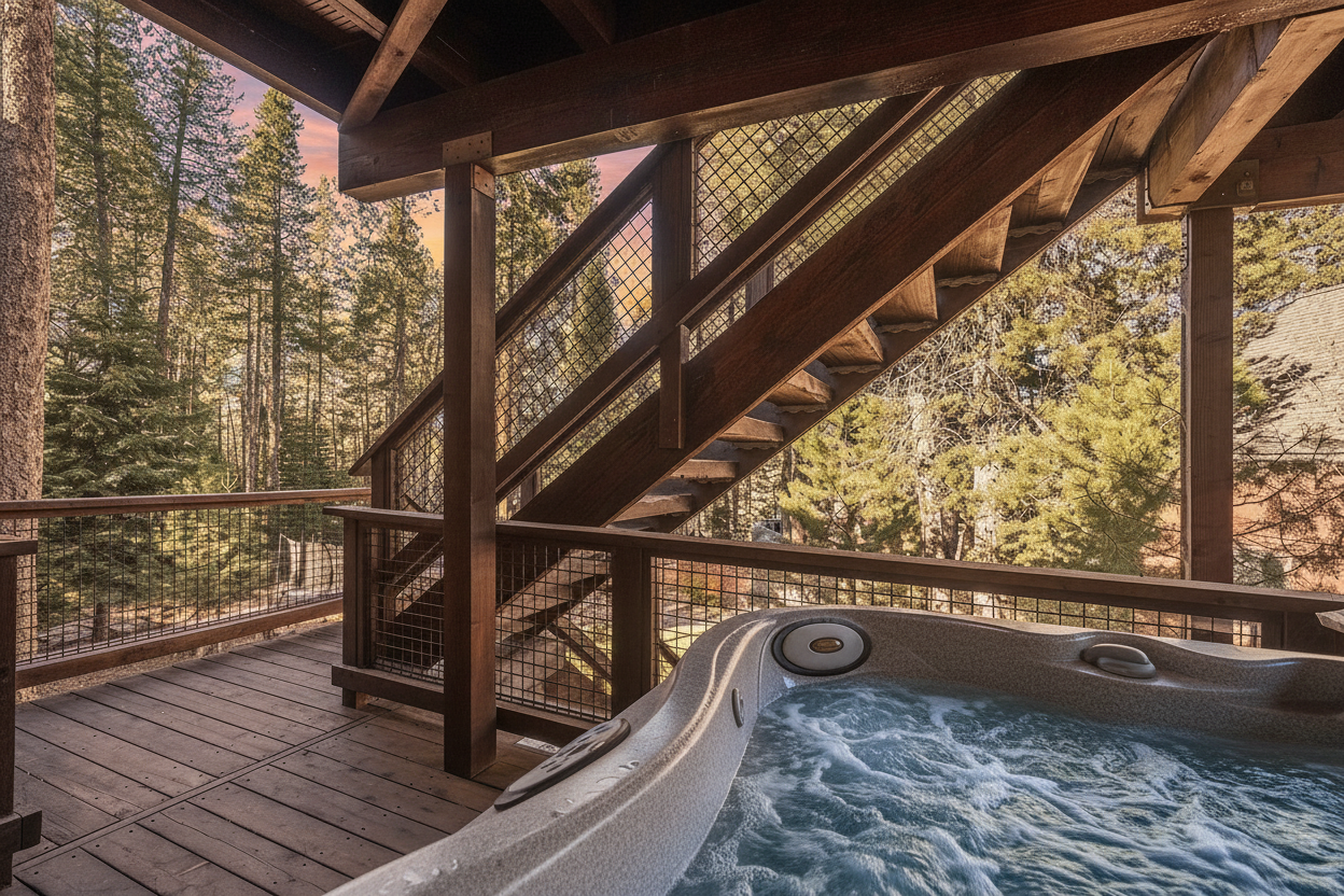 This image showcases a beautiful deck featuring a hot tub. The wooden deck is surrounded by railings and includes a staircase, providing access to another level. The backdrop features lush green trees, creating a serene and private atmosphere, ideal for relaxation and outdoor enjoyment.