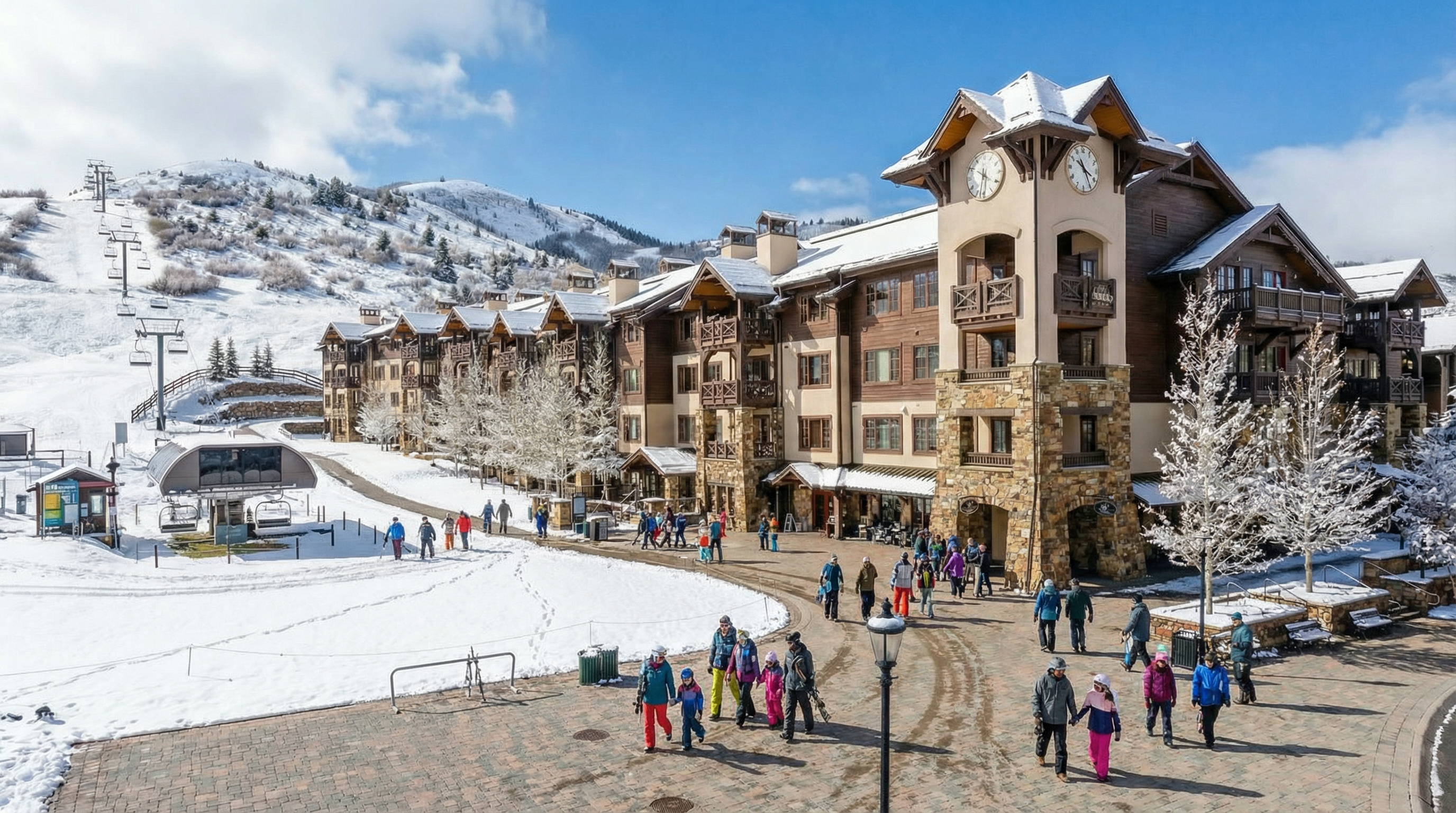 This image showcases the front exterior of a ski resort building. The architecture features a combination of stone and wood, lending a rustic yet luxurious feel. The presence of snow and ski lifts suggests a desirable location for winter sports enthusiasts, highlighting its appeal as a vacation property.