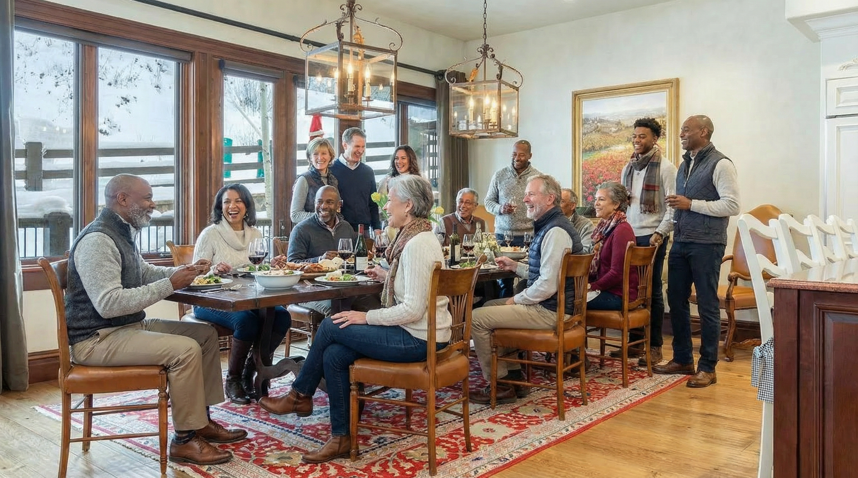 This interior shot showcases a well-lit dining room featuring a large group of people gathered around a dining table. The room is decorated with elegant light fixtures and a patterned rug, adding a touch of sophistication. Natural light floods the space through large windows, which creates a warm and inviting atmosphere.