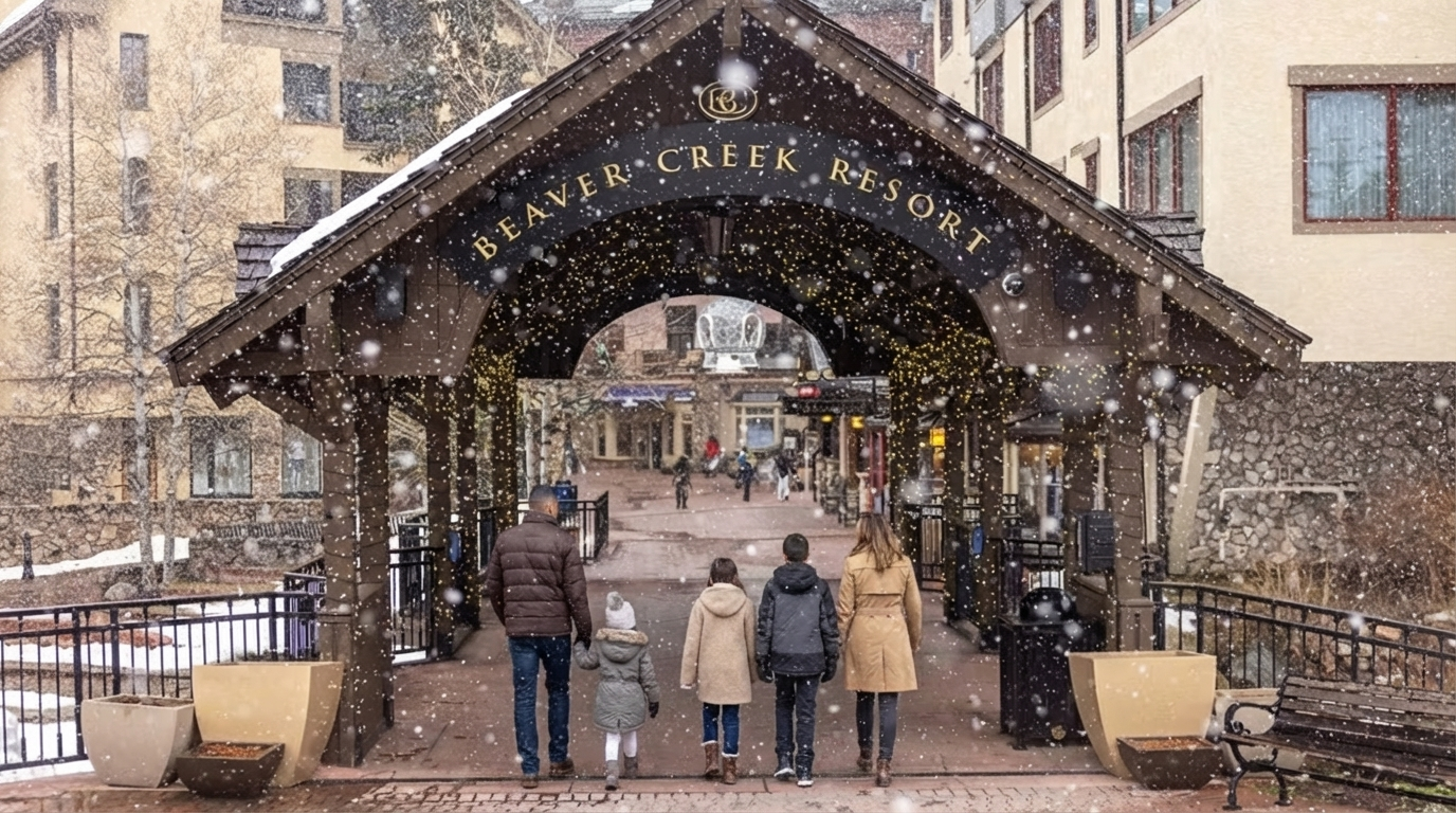 This image showcases the entrance to Beaver Creek Resort framed by a rustic wooden archway with festive lighting and lettering. The perspective draws the viewer into the resort's main area, creating an inviting scene. The presence of families walking toward the resort suggests this area is family-friendly and pedestrian-oriented.