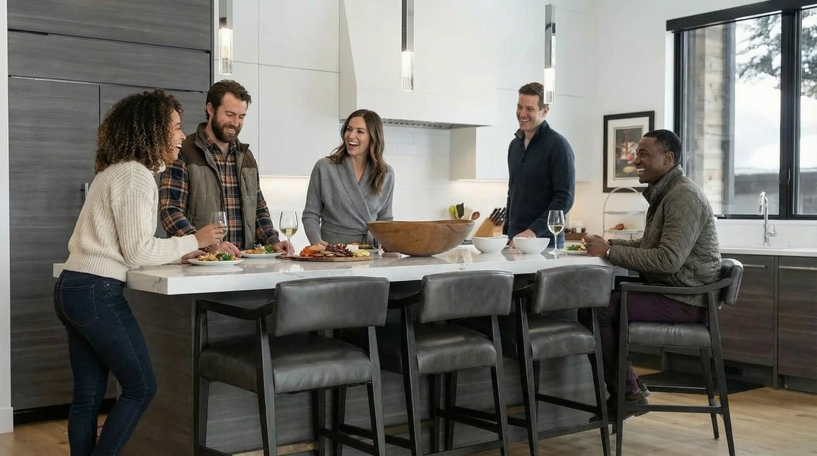 This image showcases a modern kitchen with a large central island featuring seating. The kitchen has a clean design with white cabinetry and stainless steel appliances. Several people are gathered around the island, creating a warm and inviting atmosphere, suitable for entertaining.