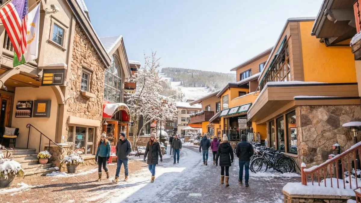 This image showcases a charming street scene in a mountain community, likely a ski resort or village. Buildings are constructed with stone and warm-toned exteriors, evoking a rustic yet upscale ambiance. The street is lined with shops and interspersed with snow-covered trees, creating an inviting atmosphere for residents and visitors alike.