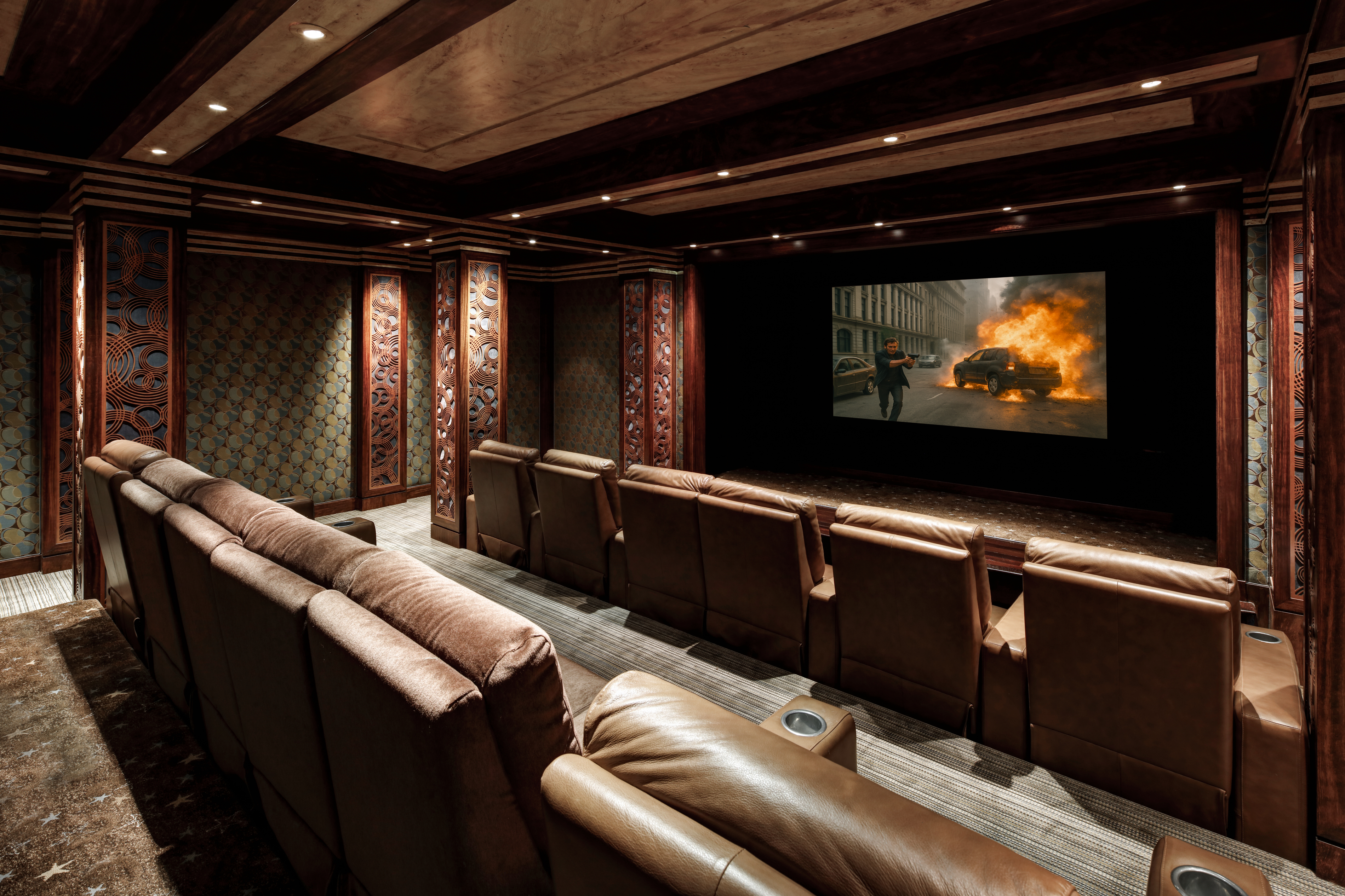 This is a luxurious home theater featuring multiple rows of leather recliners facing a large screen displaying an action scene. The room is decorated with ornate wood paneling and columns, creating a sophisticated and immersive viewing experience. Recessed lighting and a patterned carpet add to the ambiance, making it an ideal space for entertainment.
