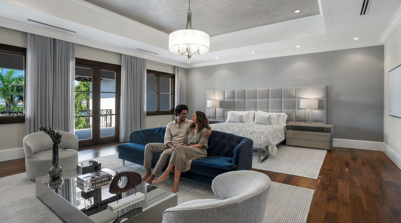This is a primary bedroom showcasing a modern design with a grey color scheme. The room features a king-size bed with a tufted headboard, a blue velvet sofa, and a contemporary chandelier. Large windows provide natural light, enhancing the luxurious and comfortable atmosphere of the space.
