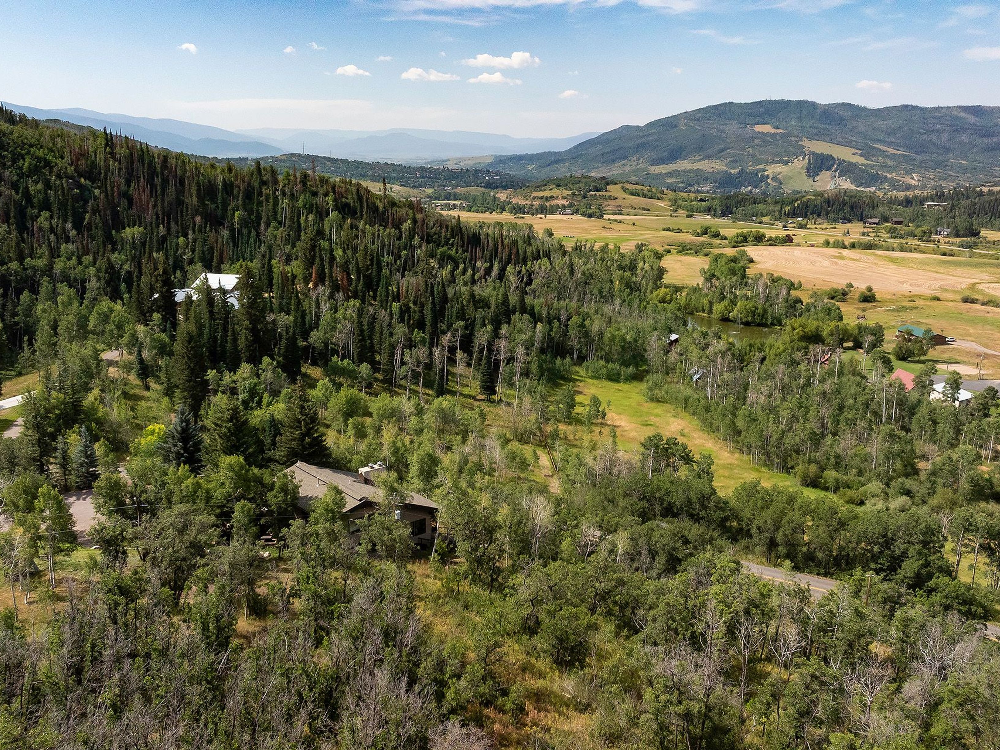 This aerial shot showcases a property nestled amidst a lush, green landscape with rolling hills and distant mountains. The house is partially obscured by trees, suggesting privacy and seclusion. A winding road and a small pond add to the natural beauty of the setting, creating an idyllic and serene atmosphere.