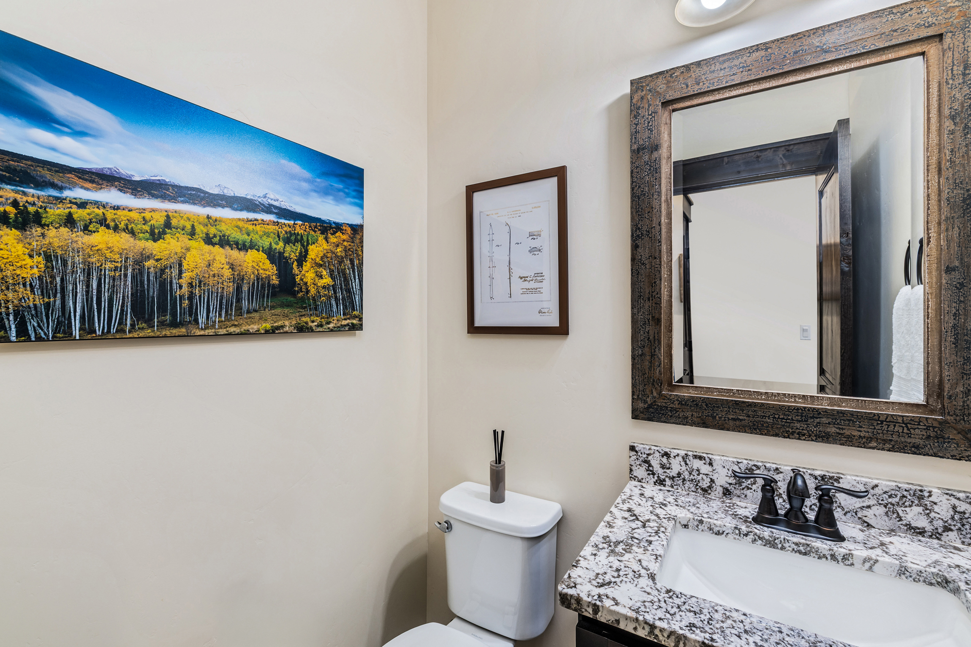 This compact powder room features a rustic aesthetic with a granite-topped vanity, a dark-framed mirror, and a large landscape print of an aspen forest. The neutral wall color and simple white toilet create a clean, functional space, while the dark hardware adds a touch of modern farmhouse charm. The perspective is a straight-on shot capturing the vanity and wall decor, emphasizing the room's cozy and well-appointed design.