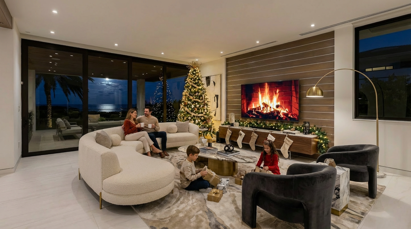 The image showcases a modern living room decorated for the Christmas holidays. A family is gathered: two adults are sitting on the white sofa and two children are by the coffee table, along with a Christmas tree, a fireplace depicted on the TV screen, and modern furniture. The space has large glass doors leading to an outdoor area, giving the room ample natural light.