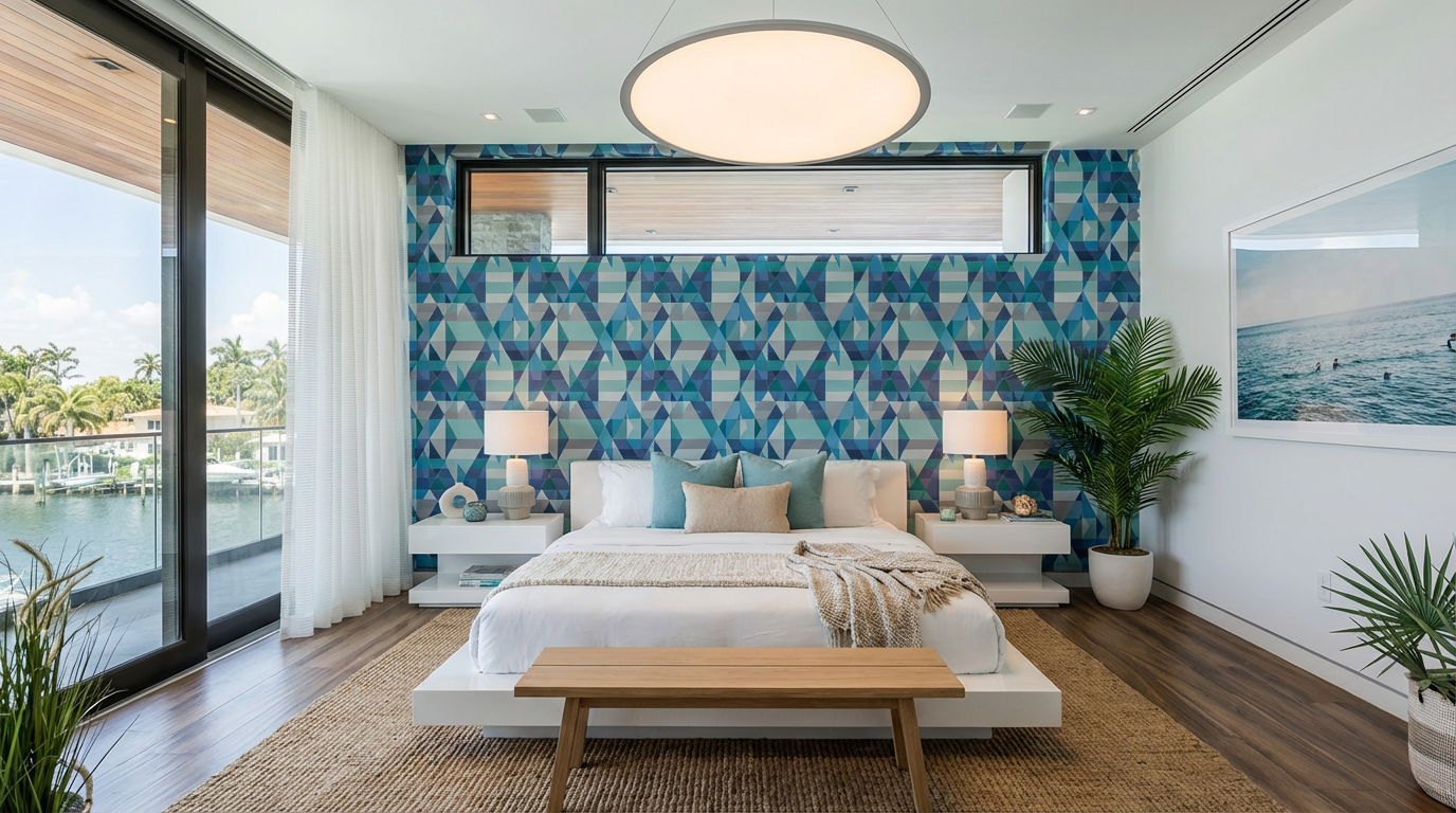 The image showcases a modern primary bedroom with a contemporary aesthetic. The room features a statement geometric wallpaper, platform bed, and minimalist bedside tables with lamps. Large glass doors provide water views and ample natural light, enhancing the room's appeal as a tranquil retreat.