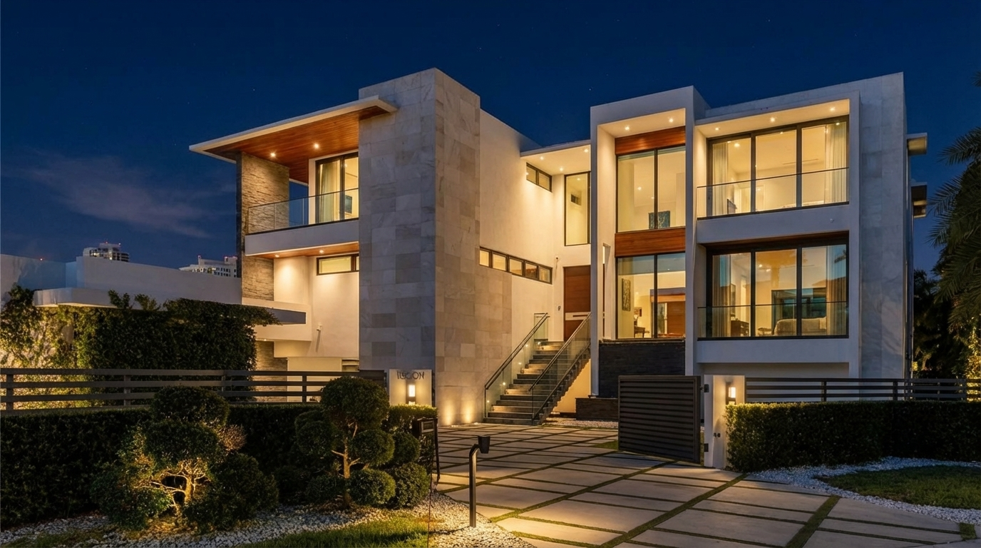This is a front view of a modern, multi-story luxury home at dusk or night. The architecture is characterized by clean lines, large windows, and a combination of white and stone-like cladding. The property features manicured landscaping and well-lit walkways and stairs leading to the entrance, suggesting a well-maintained and inviting presentation.