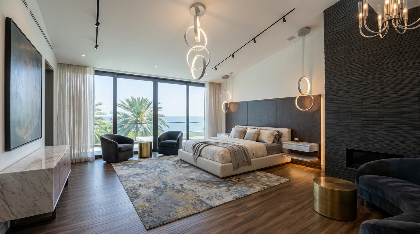 This image showcases a luxurious primary bedroom with floor-to-ceiling windows offering ocean views. The room features a neutral color palette, stylish lighting fixtures, and a textured accent wall with a fireplace. The overall impression is one of sophistication and tranquility, creating a relaxing retreat.