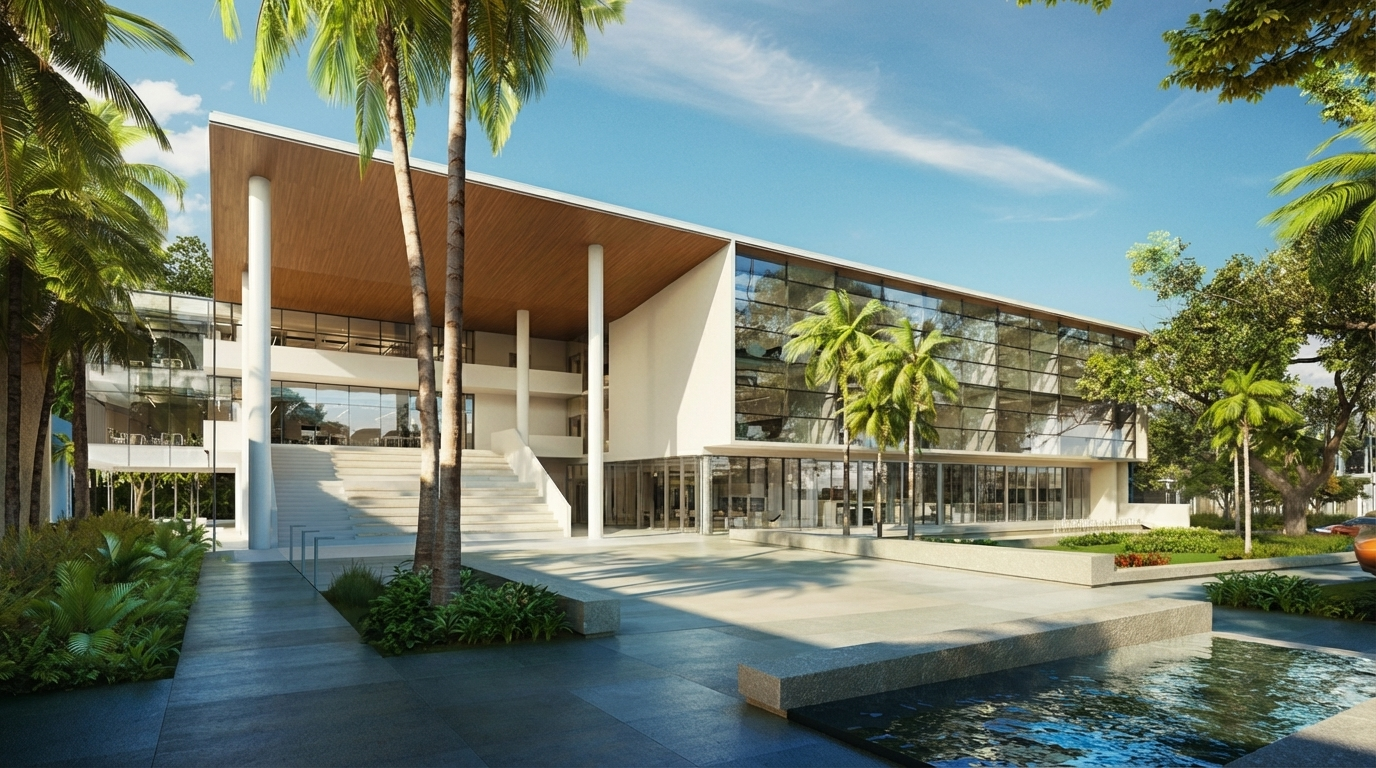 The image showcases a modern, multi-story building with a minimalist architectural style. The building features large glass windows, a white facade, and a wooden overhang that provides shade. Lush tropical landscaping surrounds the structure, including palm trees and greenery, enhancing its appeal and giving it a luxurious feel.