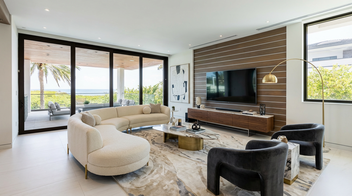 This is a bright and airy living room featuring a curved sofa and wall-mounted television. Large sliding glass doors open to an outdoor patio or balcony with ocean views. The design is modern and luxurious, with a focus on natural light and high-end finishes.